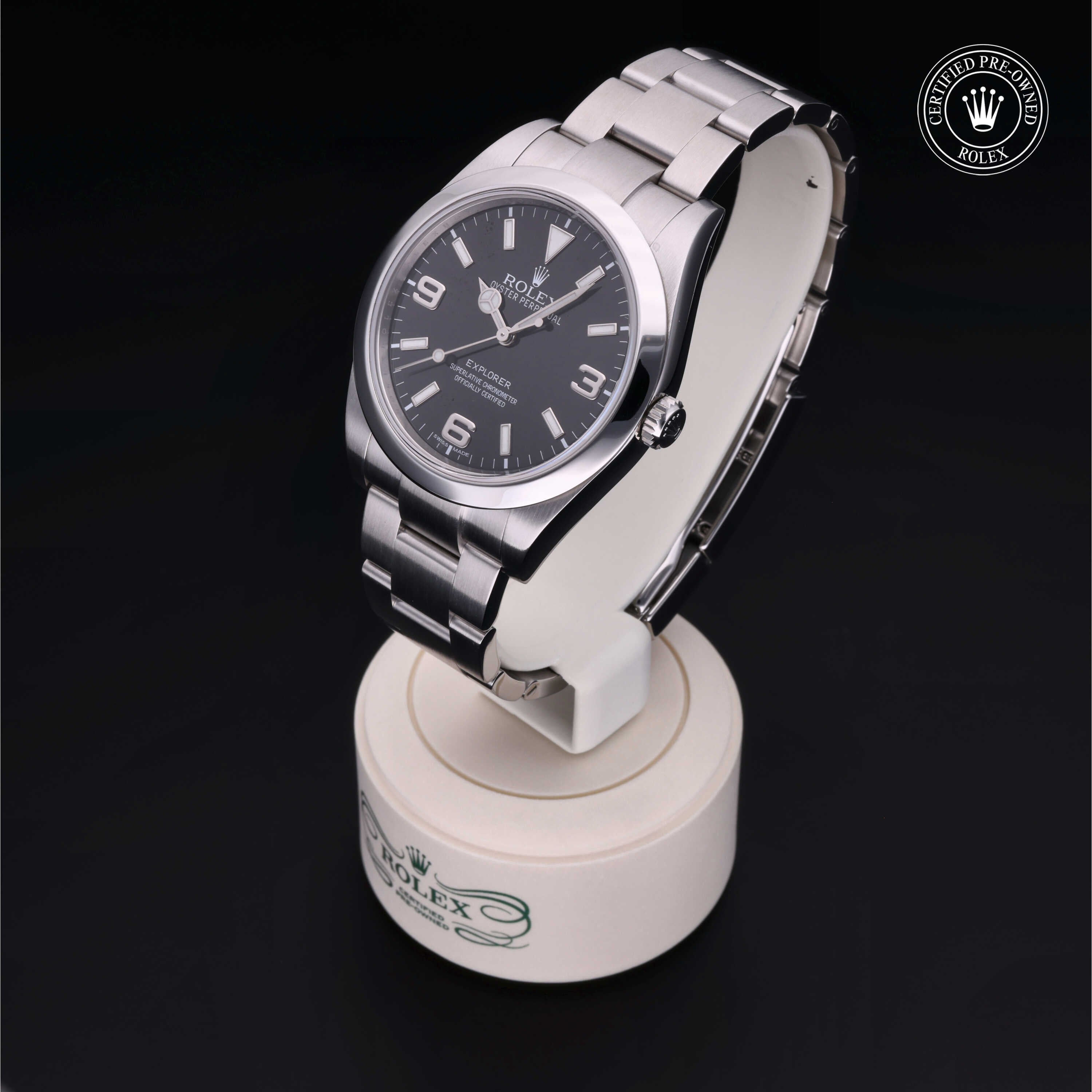 Rolex Certified Pre-owned Explorer M214270-0001 front on black background