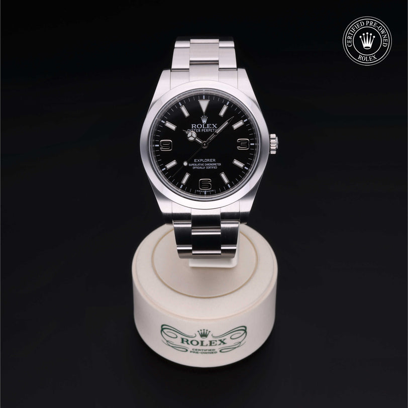 Rolex Certified Pre-owned Explorer M214270-0001 front on black background