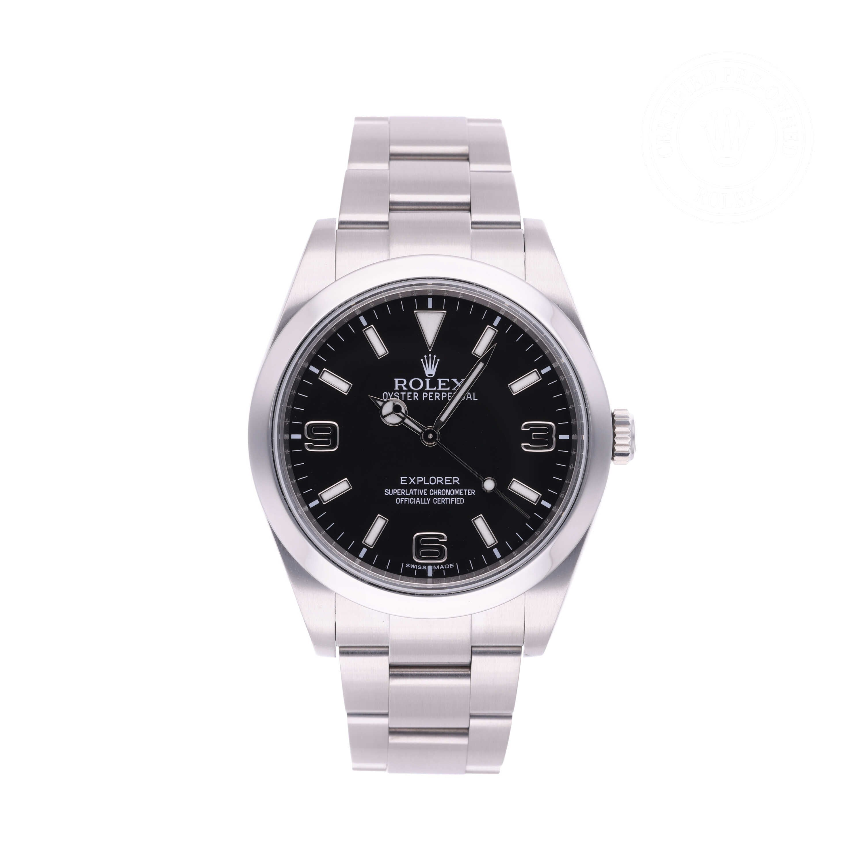 Rolex Certified Pre-owned Explorer M214270-0001 front on white background