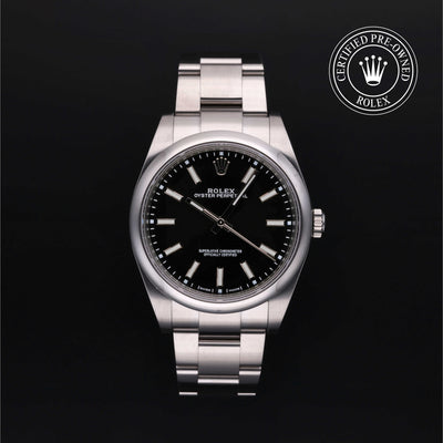 Rolex Certified Pre-owned Oyster Perpetual M114300-0005 front on black background
