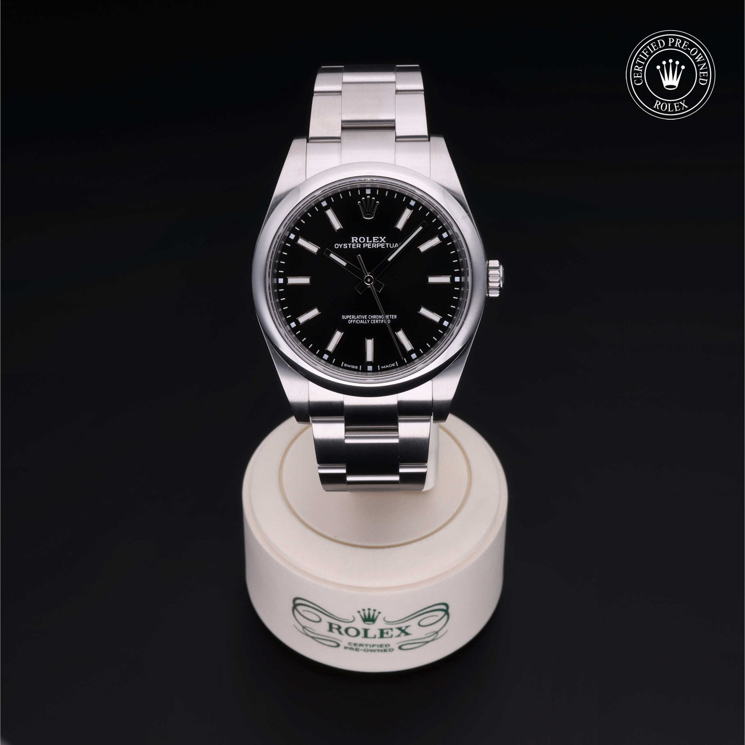 Rolex Certified Pre-owned Oyster Perpetual M114300-0005 front on black background