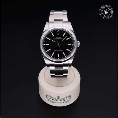 Rolex Certified Pre-owned Oyster Perpetual M114300-0005 front on black background