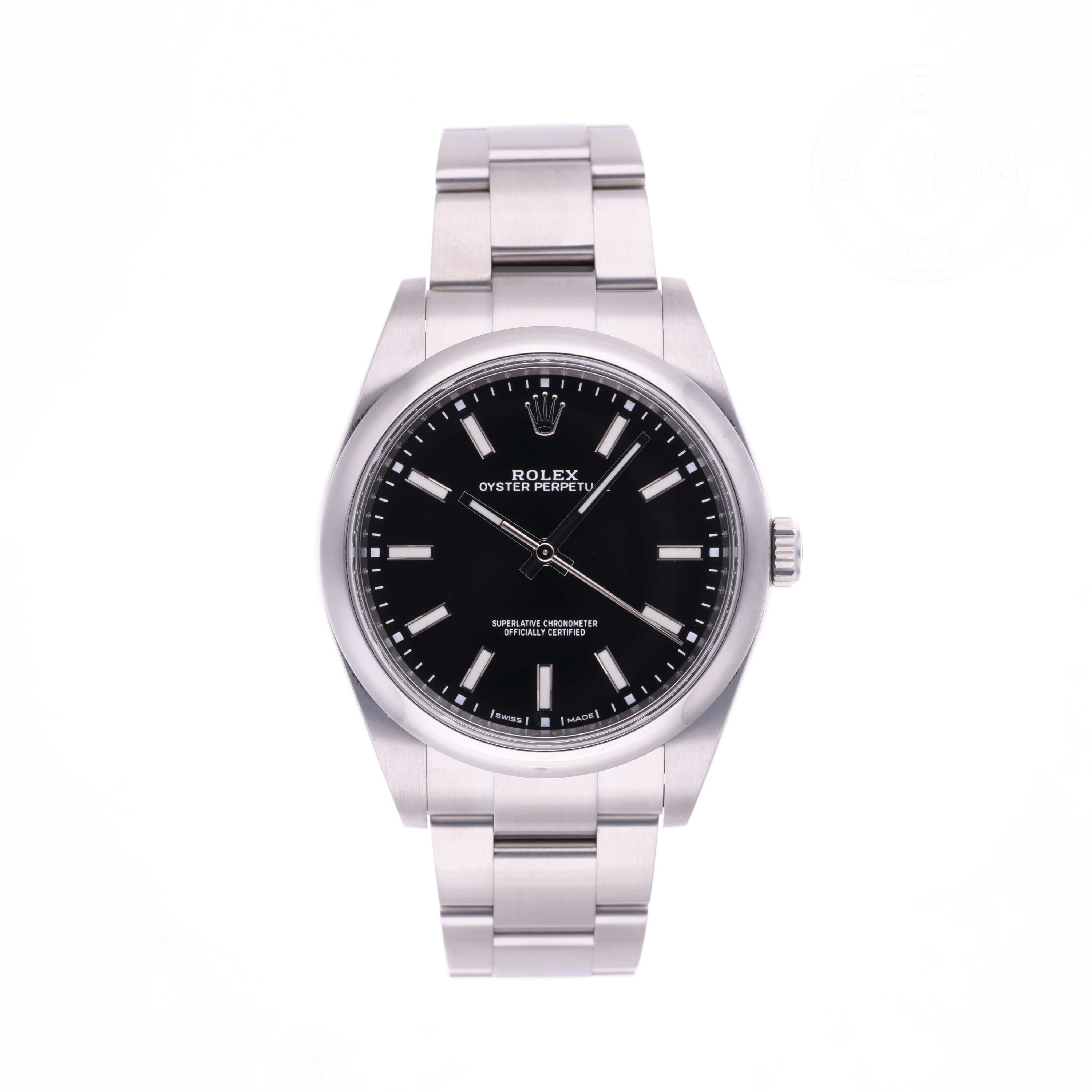 Rolex Certified Pre-owned Oyster Perpetual M114300-0005 front on white background