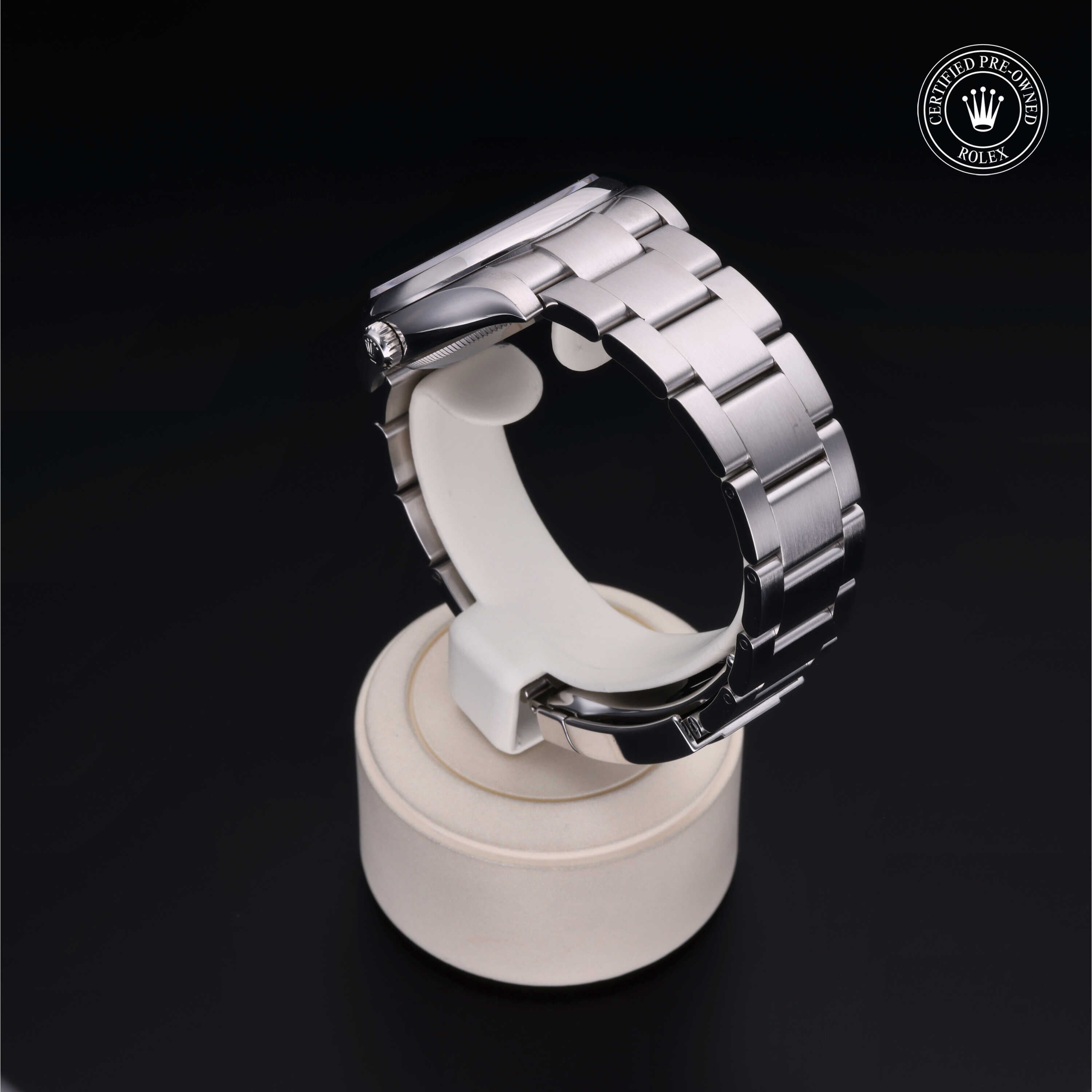 Rolex Certified Pre-owned Oyster Perpetual M114200-0014 front on black background