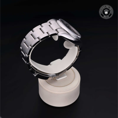 Rolex Certified Pre-owned Oyster Perpetual M114200-0014 front on black background