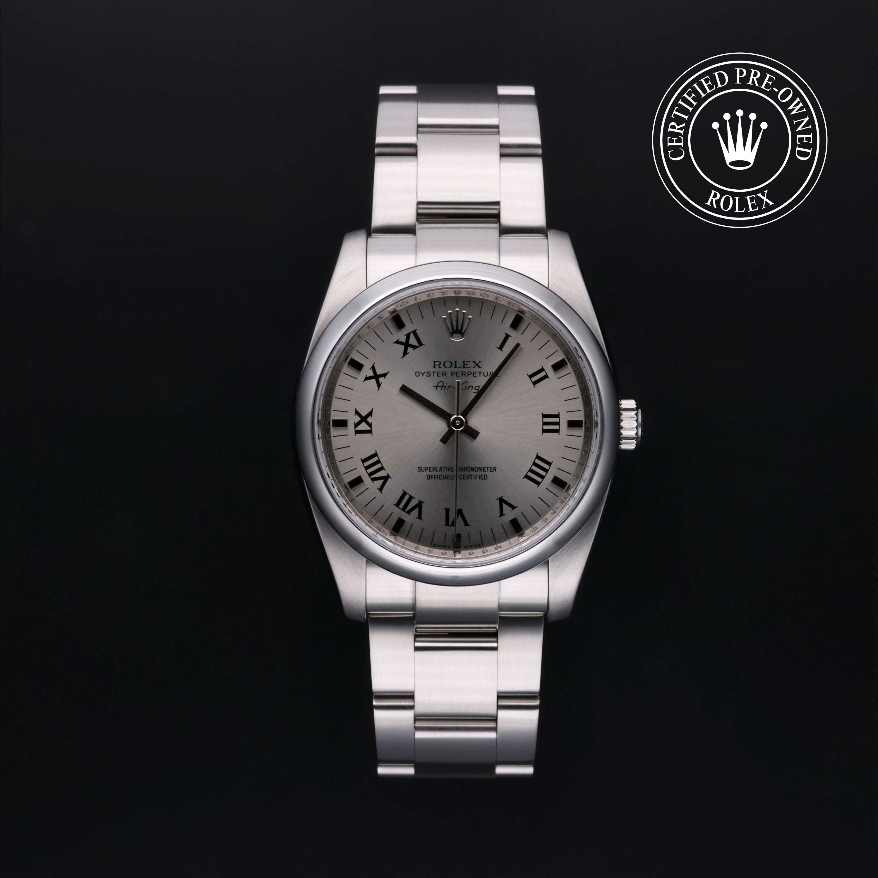 Rolex Certified Pre-owned Air-King M114200-0007 front on black background