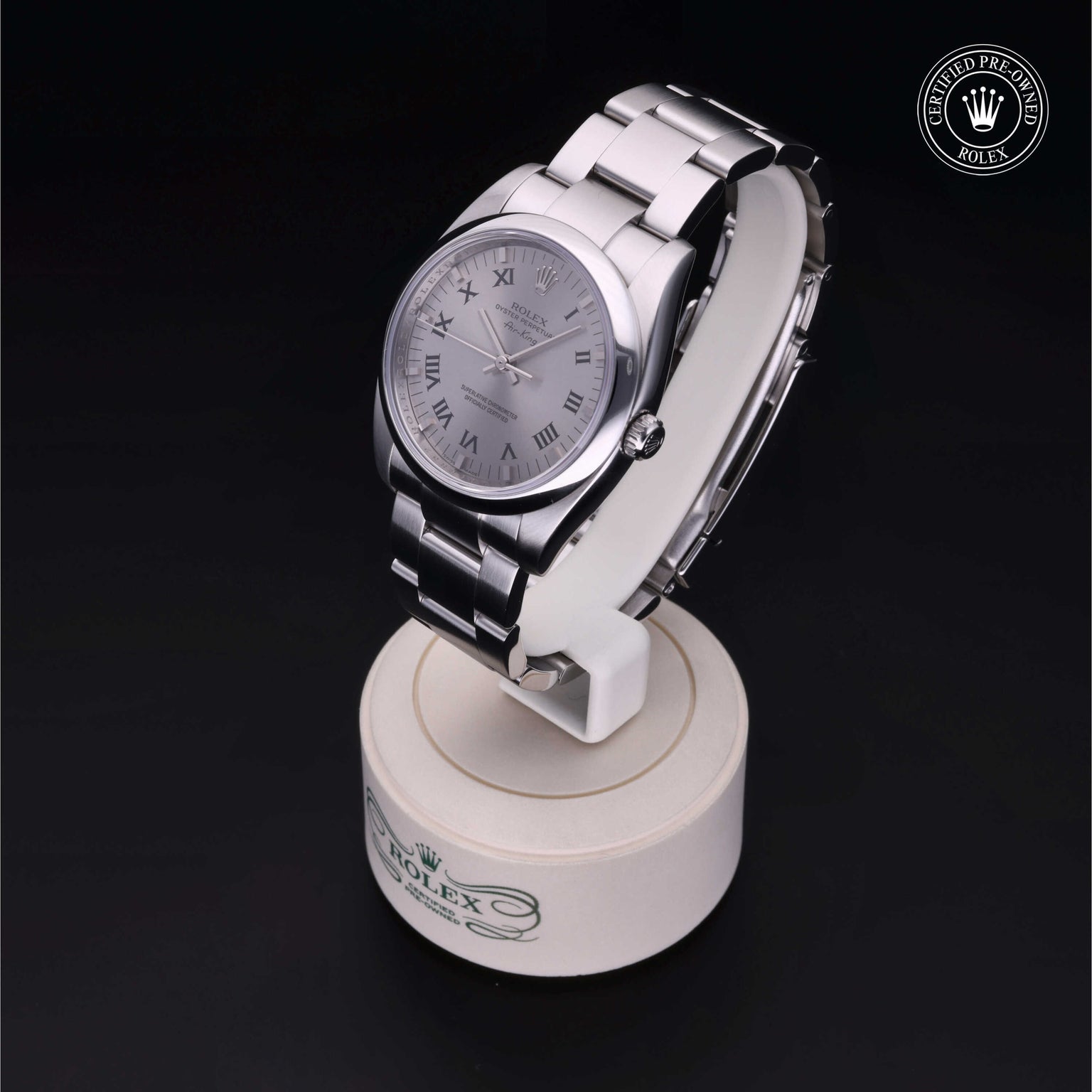 Rolex Certified Pre-owned Air-King M114200-0007 front on black background