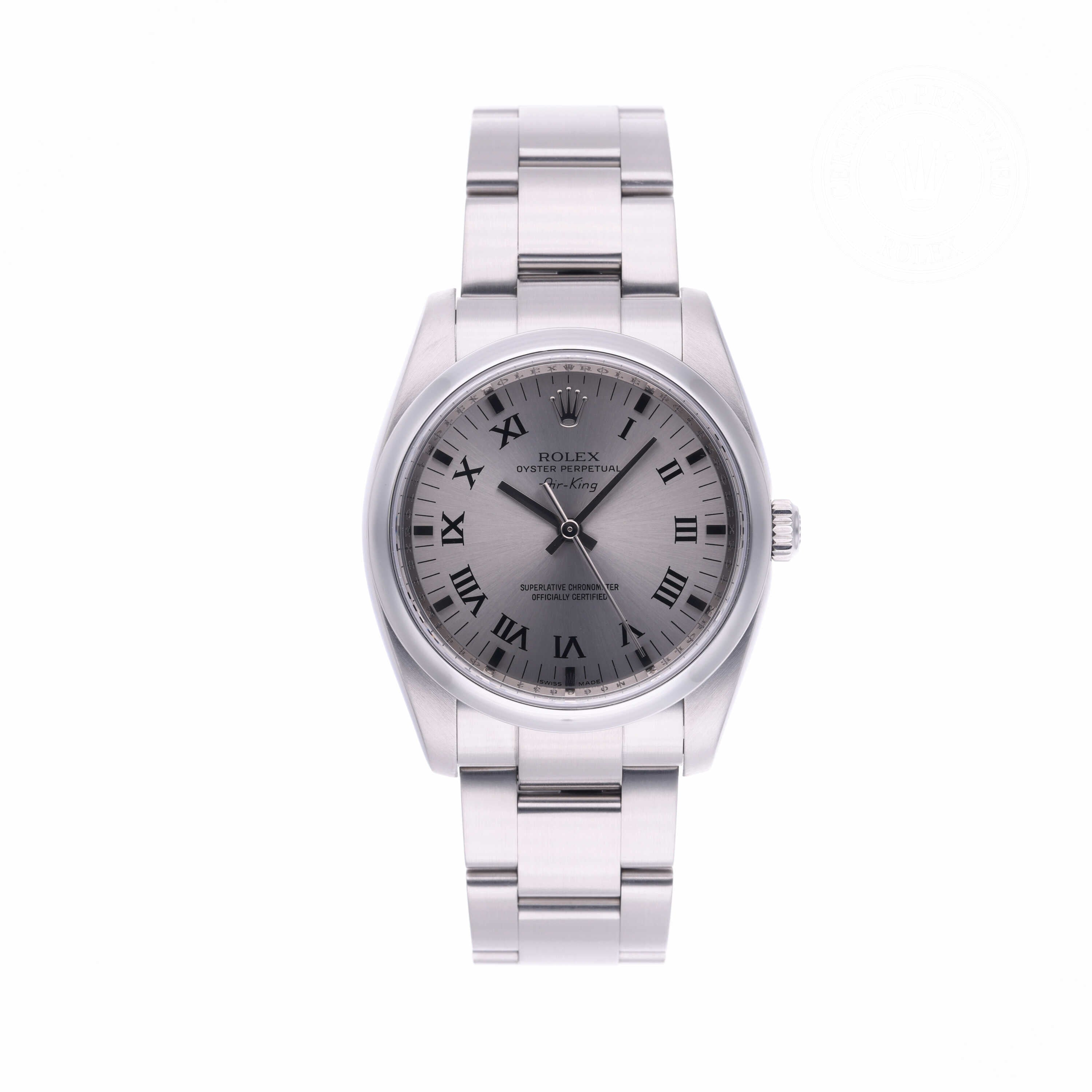 Rolex Certified Pre-owned Air-King M114200-0007 front on white background