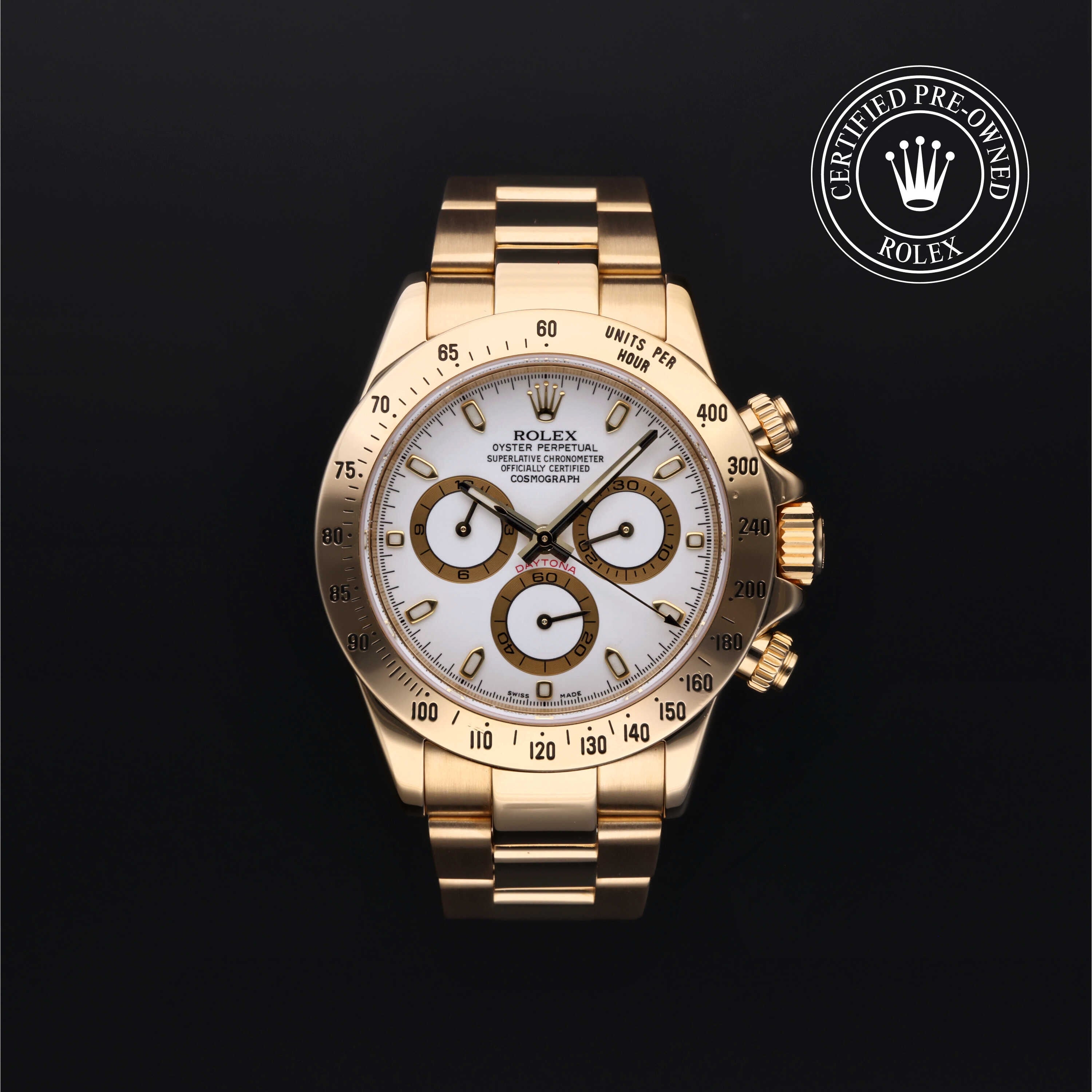 Rolex Certified Pre-owned Daytona M116528-0018 front on black background