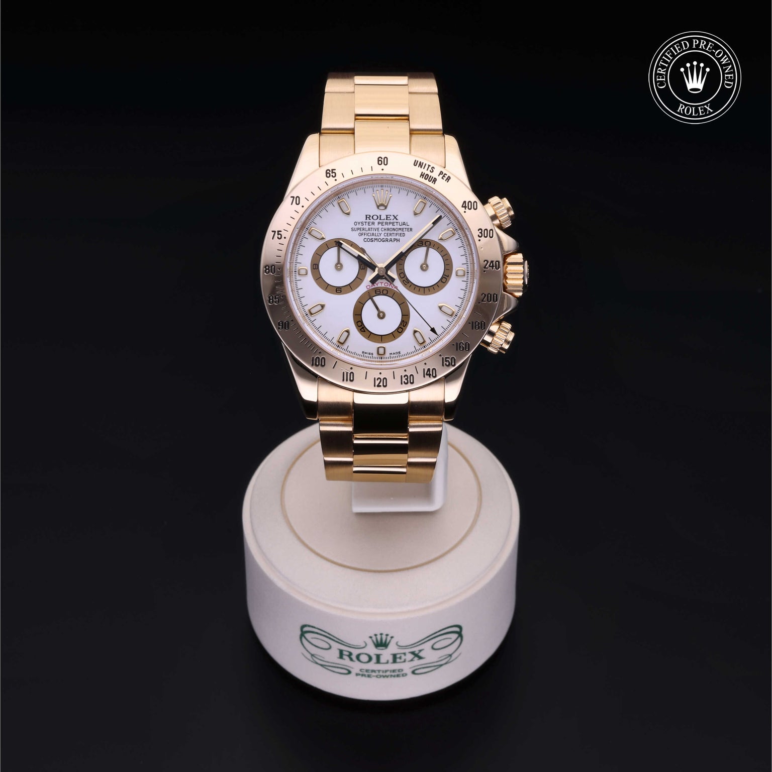 Rolex Certified Pre-owned Daytona M116528-0018 front on black background