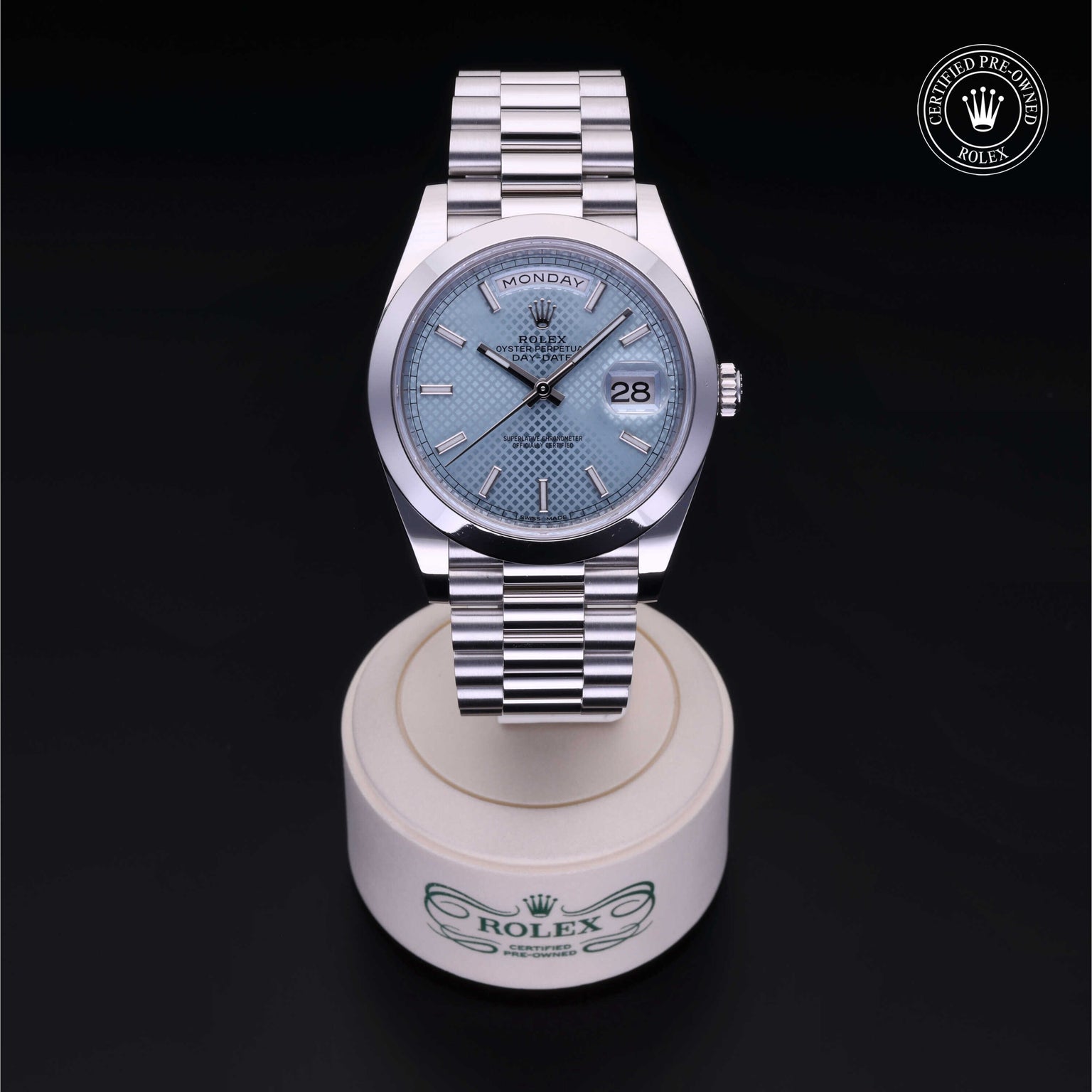 Rolex Certified Pre-owned Day-date M228206-0028 front on black background