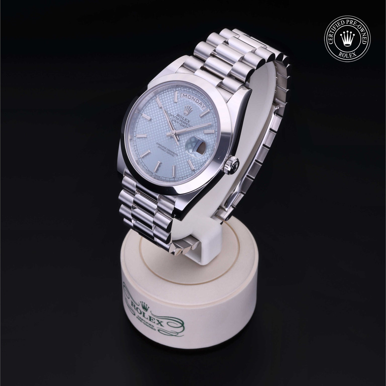 Rolex Certified Pre-owned Day-date M228206-0028 front on black background