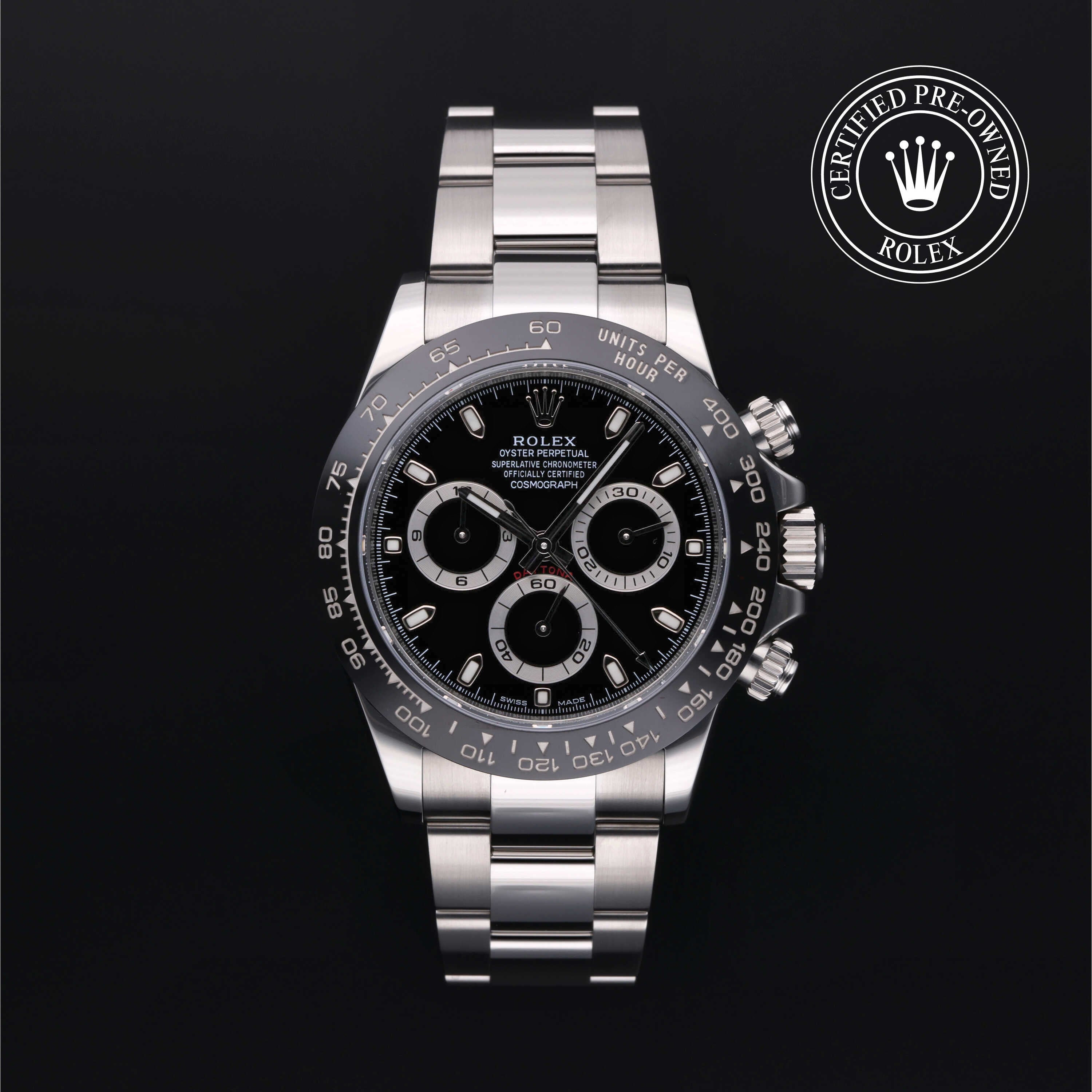 Rolex Certified Pre-owned Daytona M116500LN-0002 front on black background