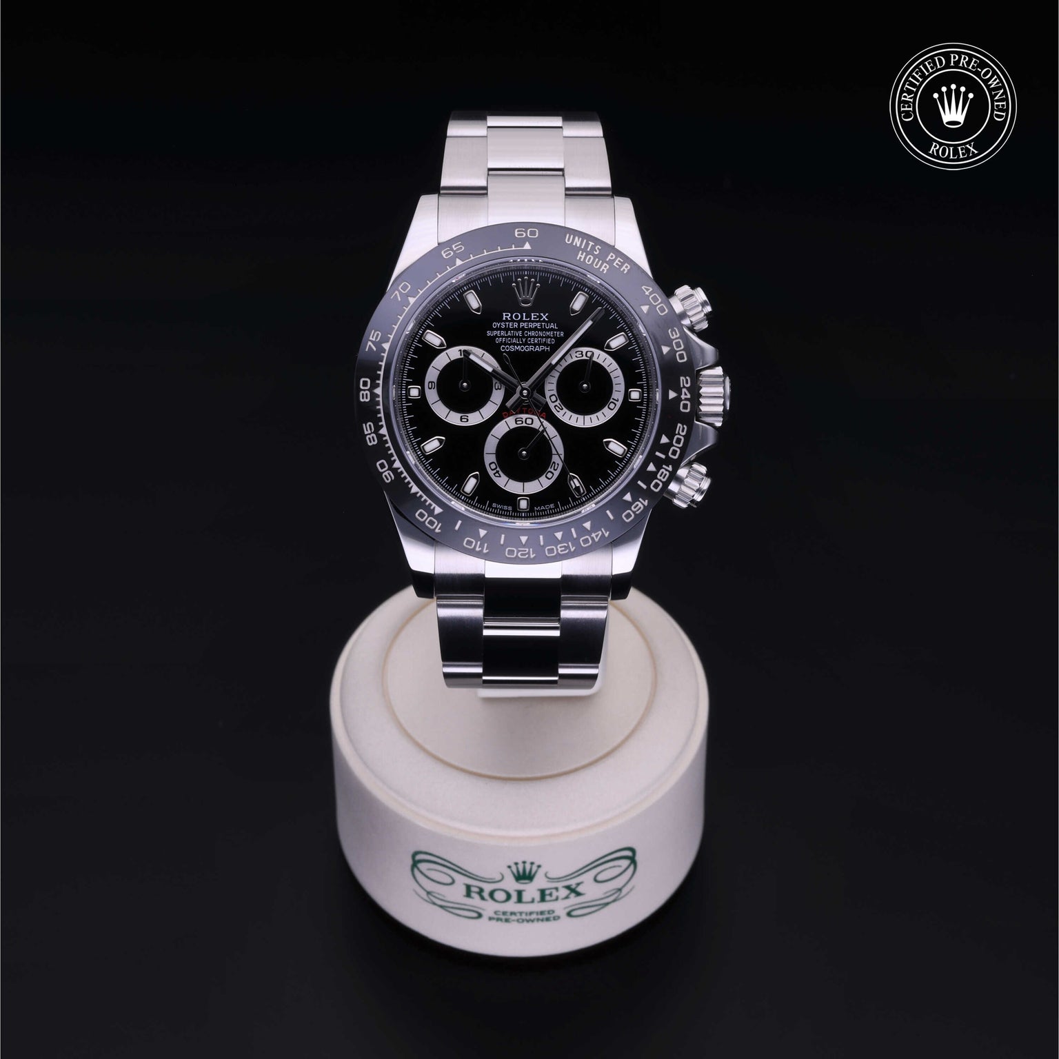 Rolex Certified Pre-owned Daytona M116500LN-0002 front on black background