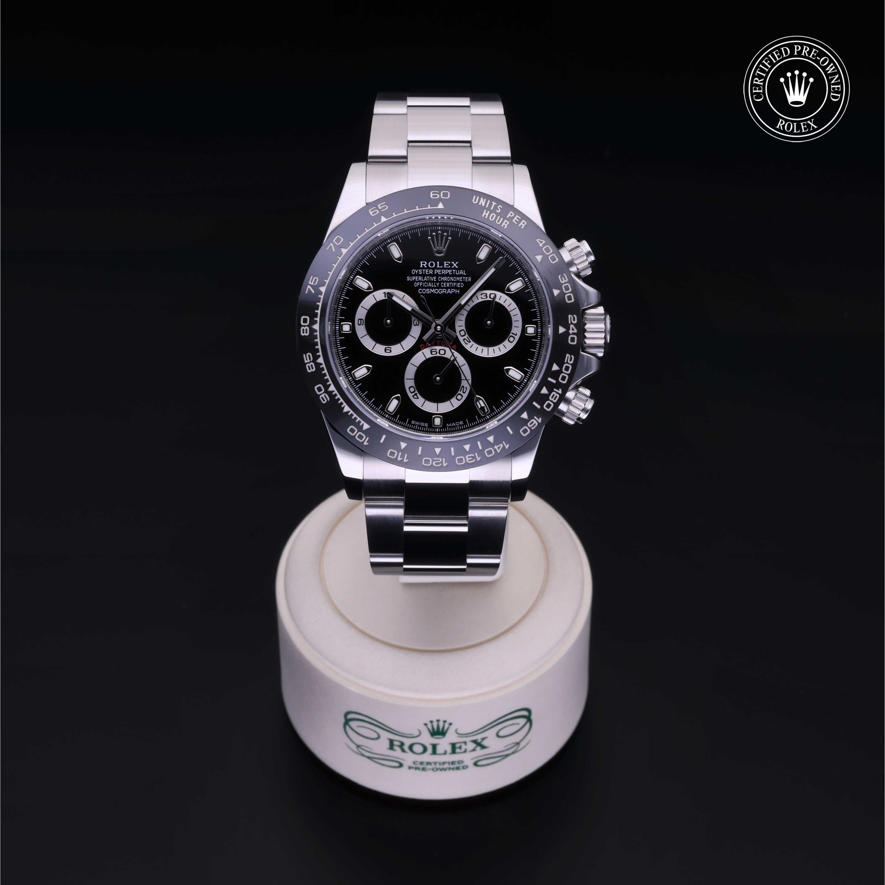 Rolex Certified Pre-owned Daytona M116500LN-0002 front on black background