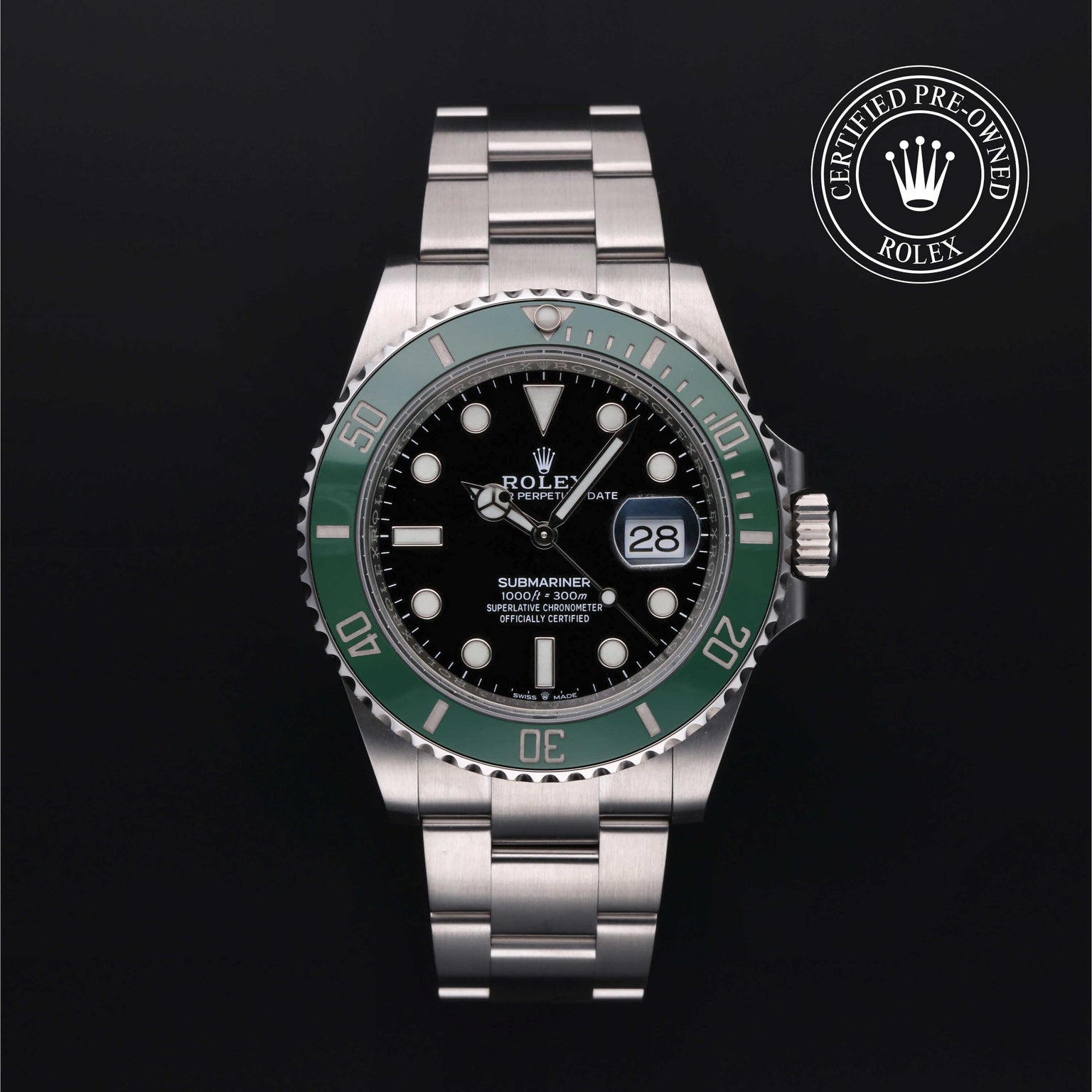 Rolex Certified Pre-owned Submariner M126610LV-0002 front on black background