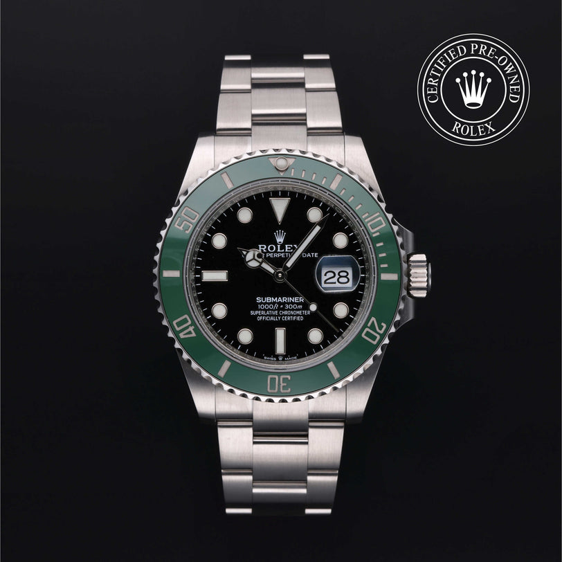 Rolex Certified Pre-owned Submariner M126610LV-0002 front on black background