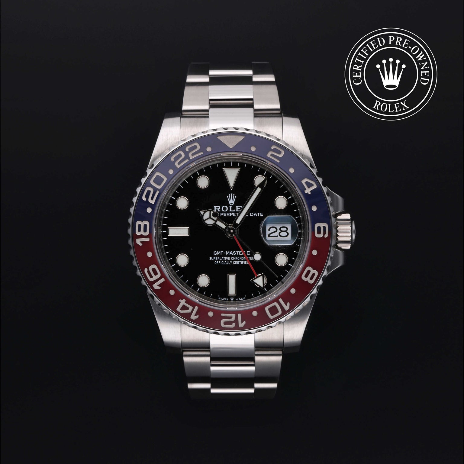 Rolex Certified Pre-owned GMT M126710BLRO-0002 front on black background