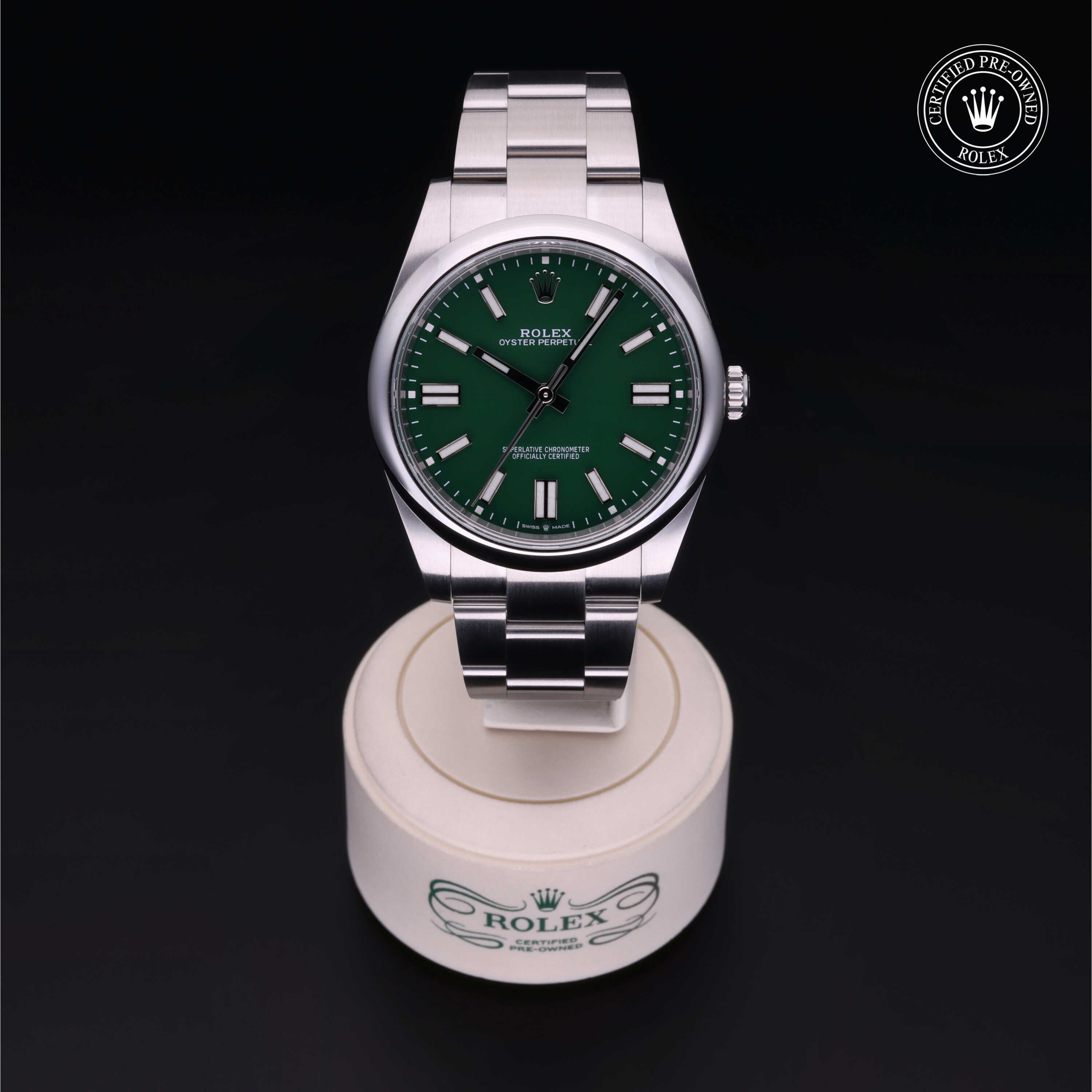 Rolex Certified Pre-owned Oyster Perpetual M124300-0005 front on black background