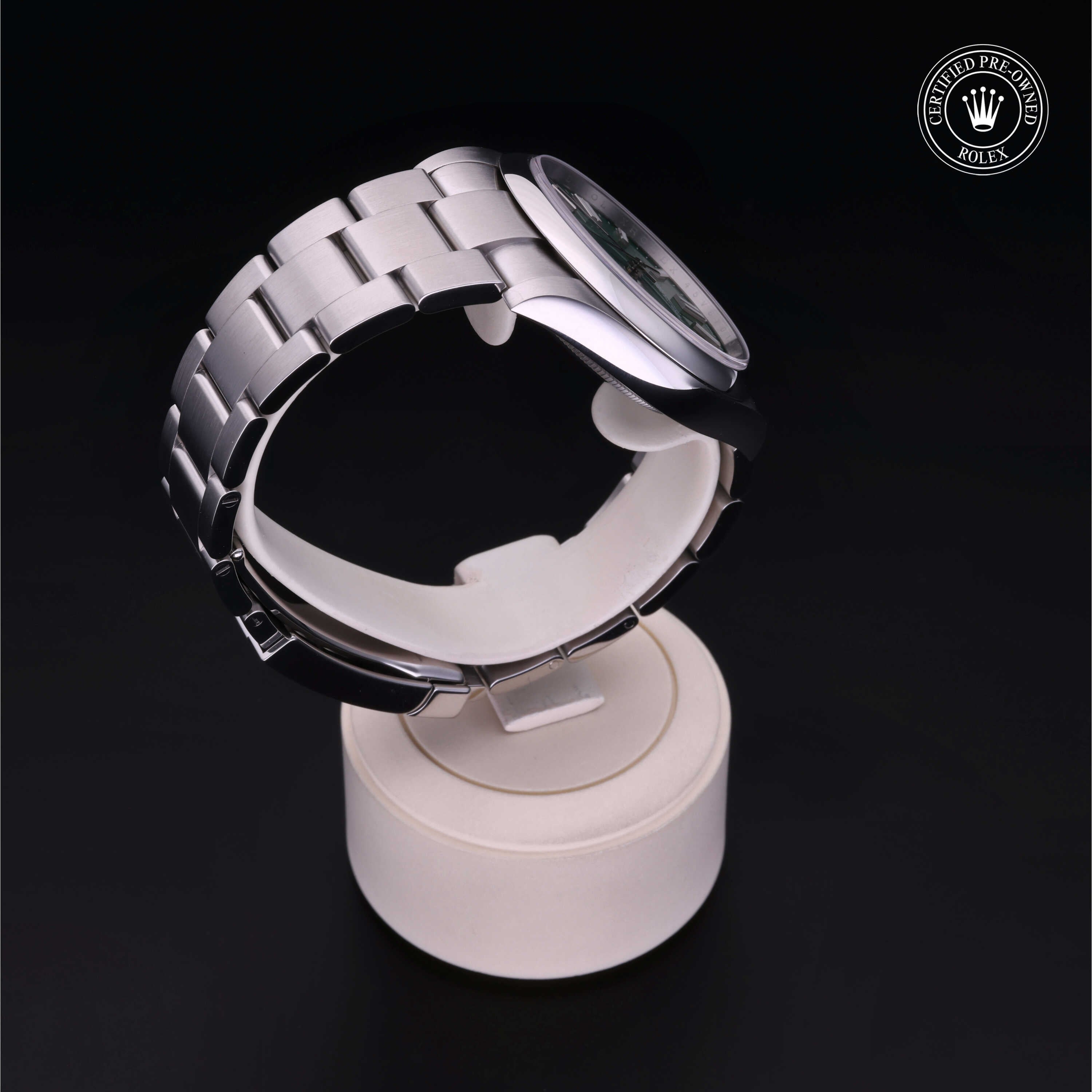 Rolex Certified Pre-owned Oyster Perpetual M124300-0005 front on black background