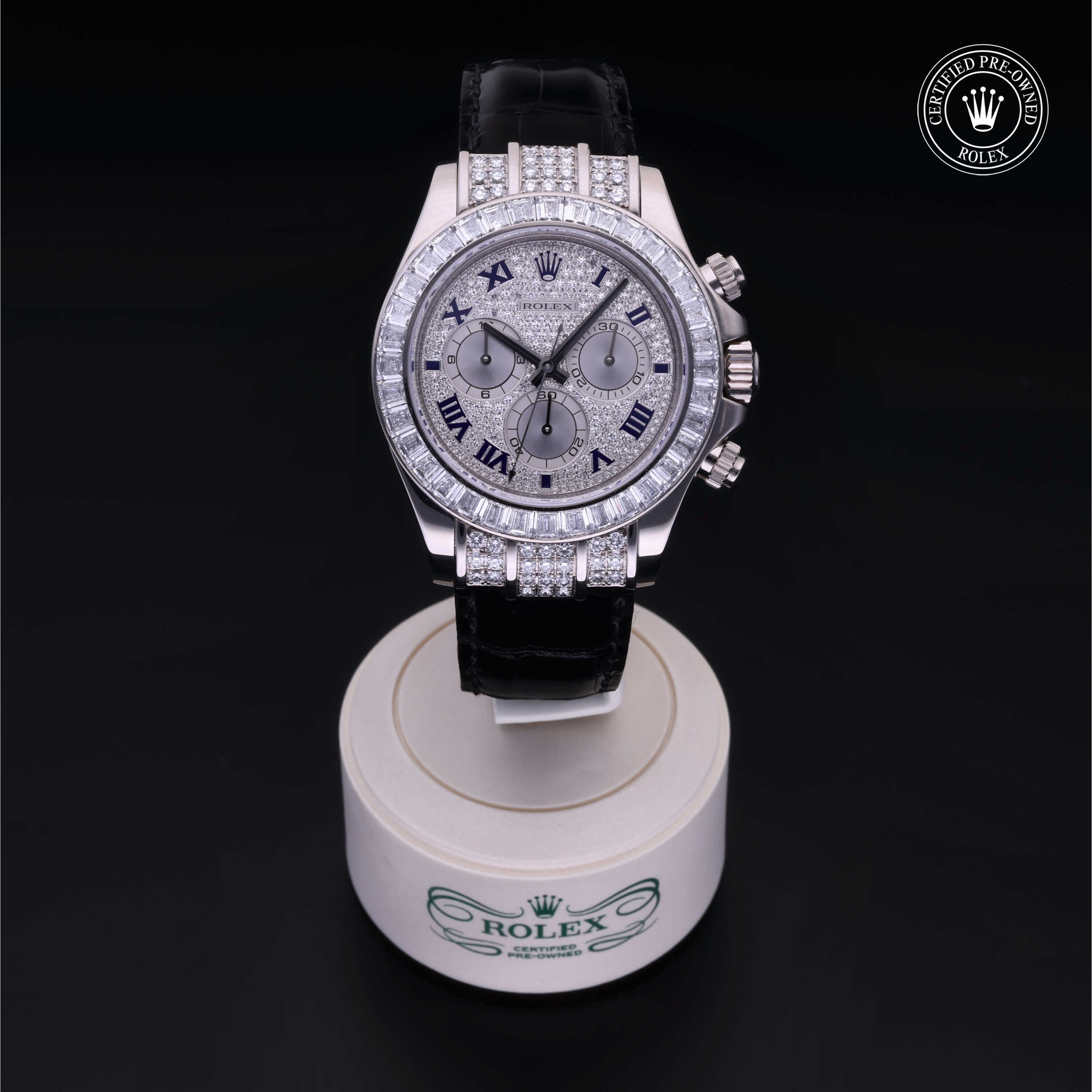 Rolex Certified Pre-owned Daytona M116599TBR-0006 front on black background