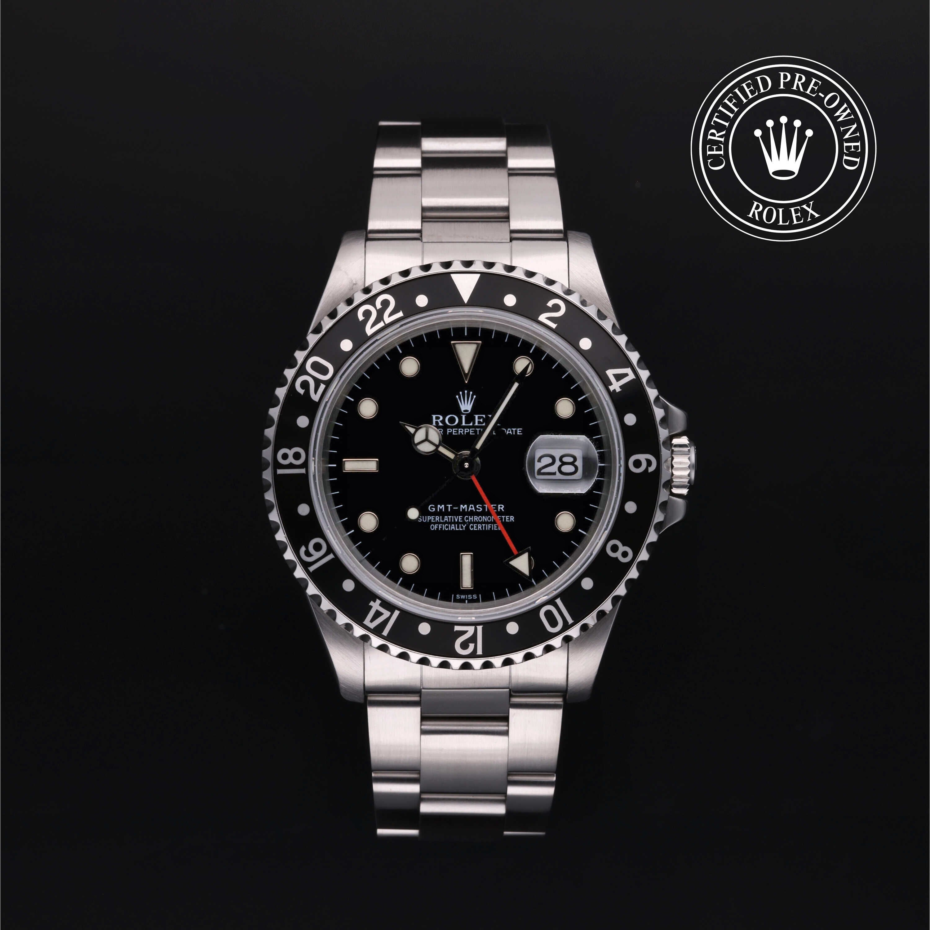 Rolex Certified Pre-owned GMT M16700LN-0001 front on black background