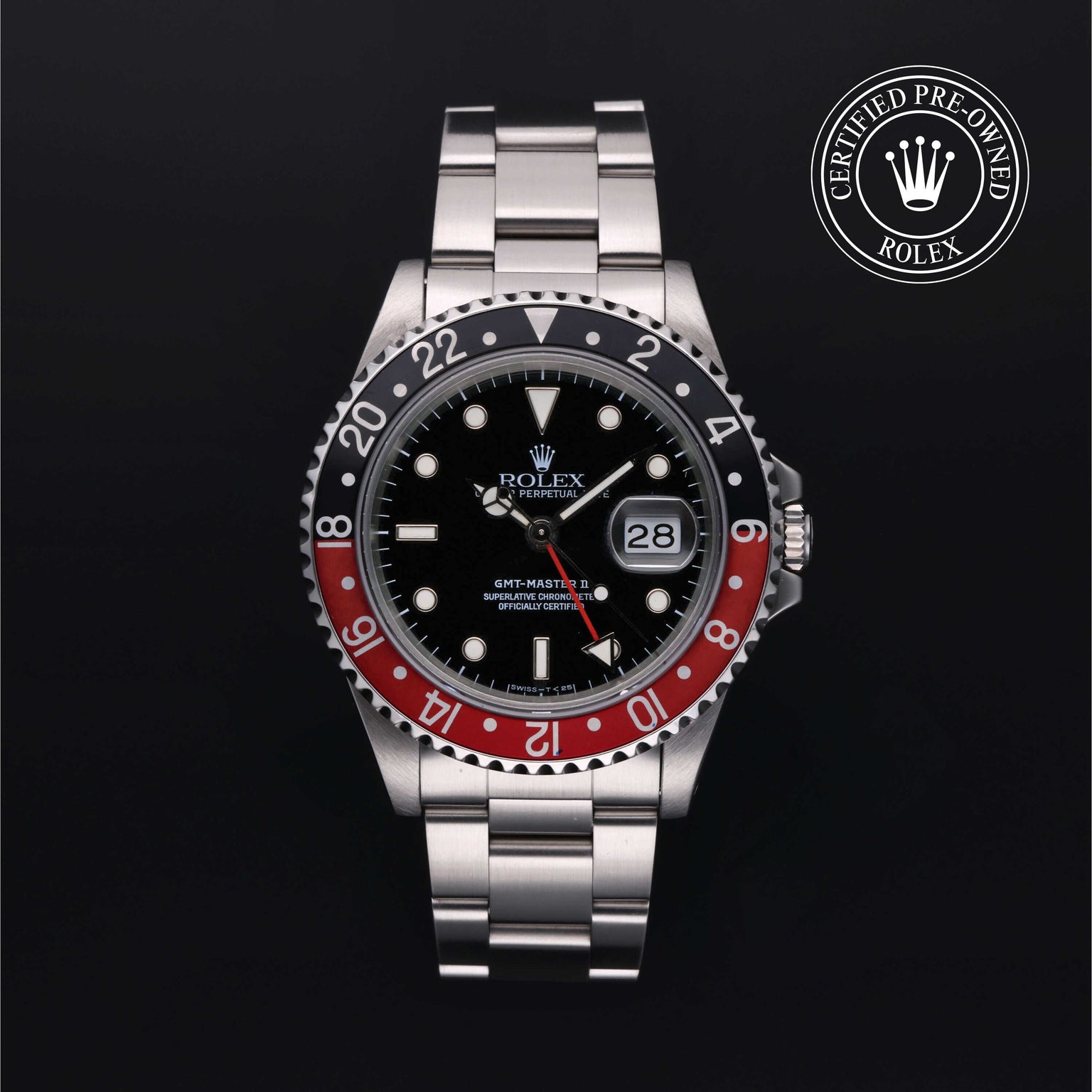 Rolex Certified Pre-owned GMT II M16710-0009 front on black background