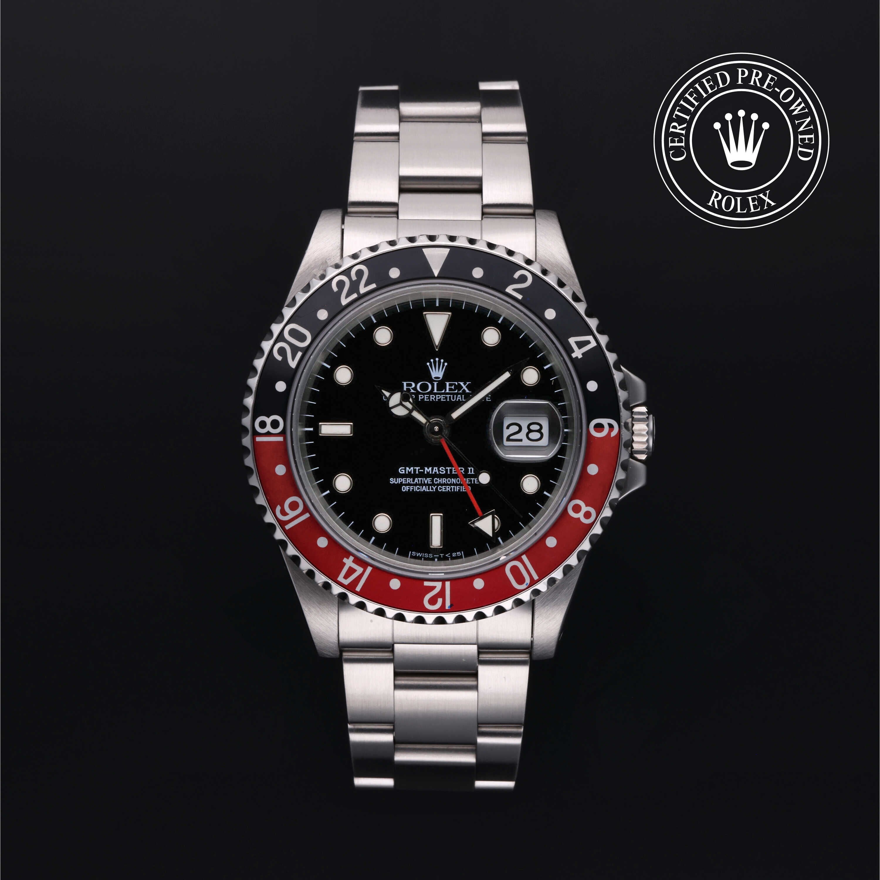 Rolex Certified Pre-owned GMT II M16710-0009 front on black background