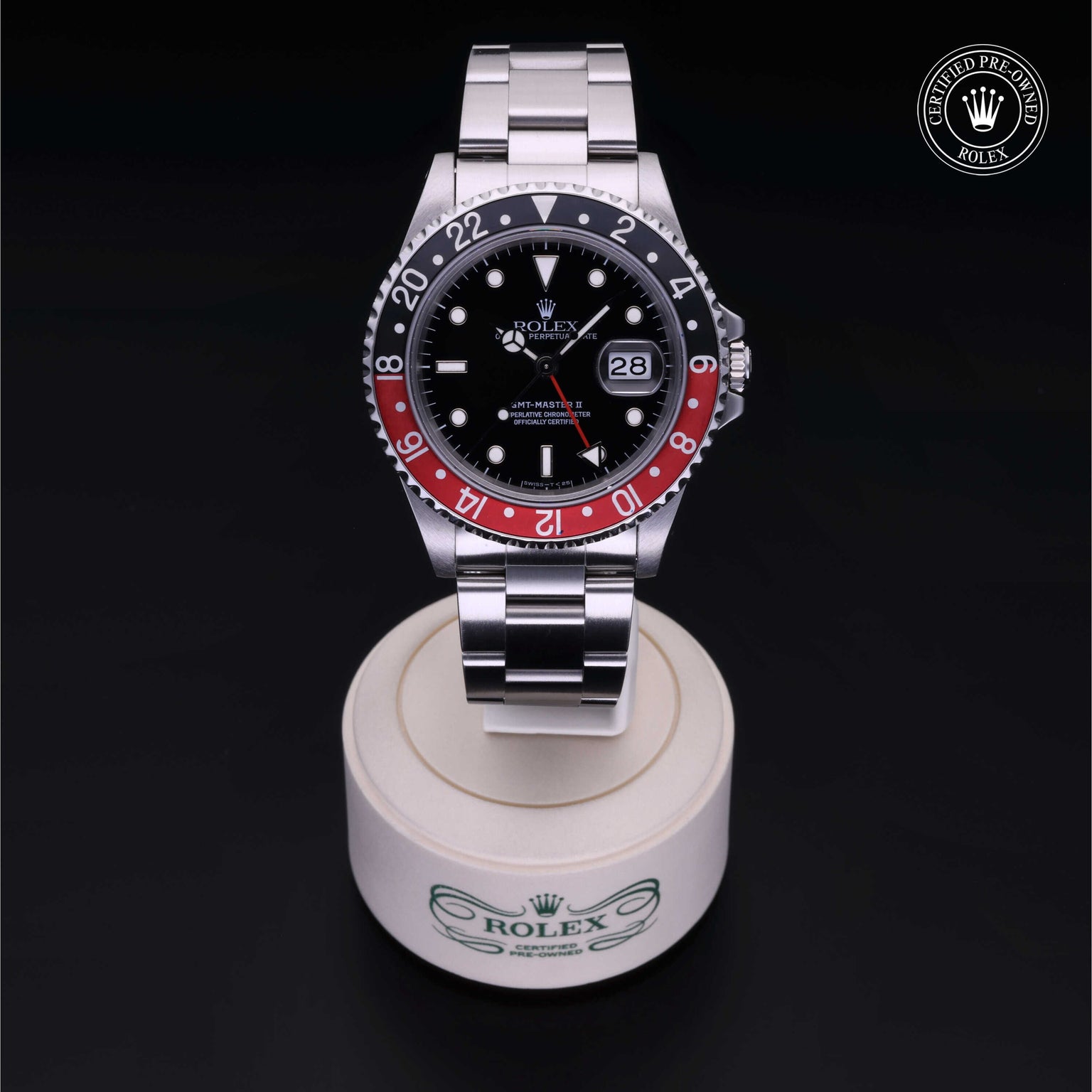 Rolex Certified Pre-owned GMT II M16710-0009 front on black background