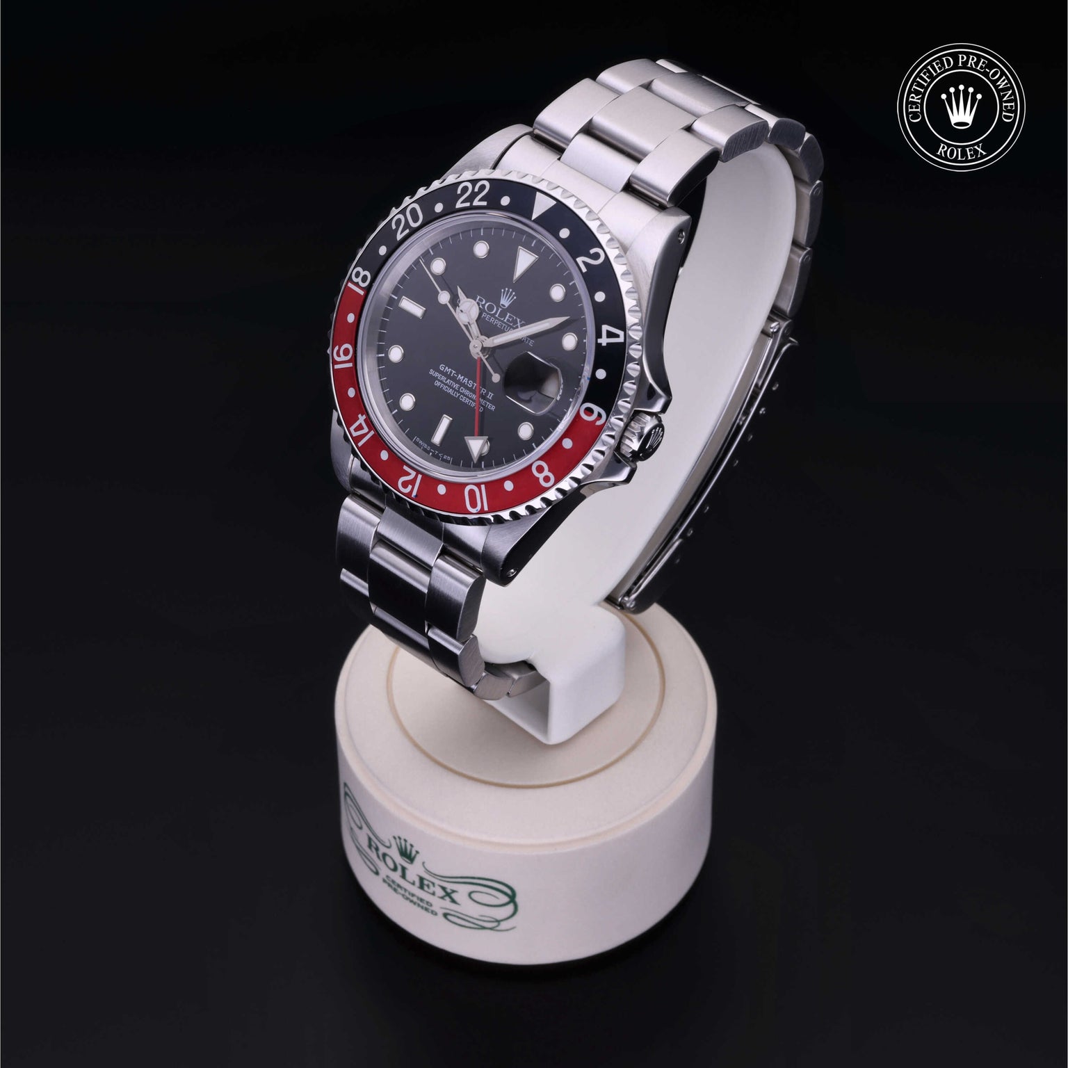 Rolex Certified Pre-owned GMT II M16710-0009 front on black background