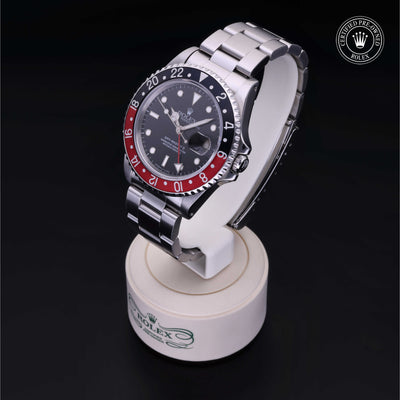 Rolex Certified Pre-owned GMT II M16710-0009 front on black background