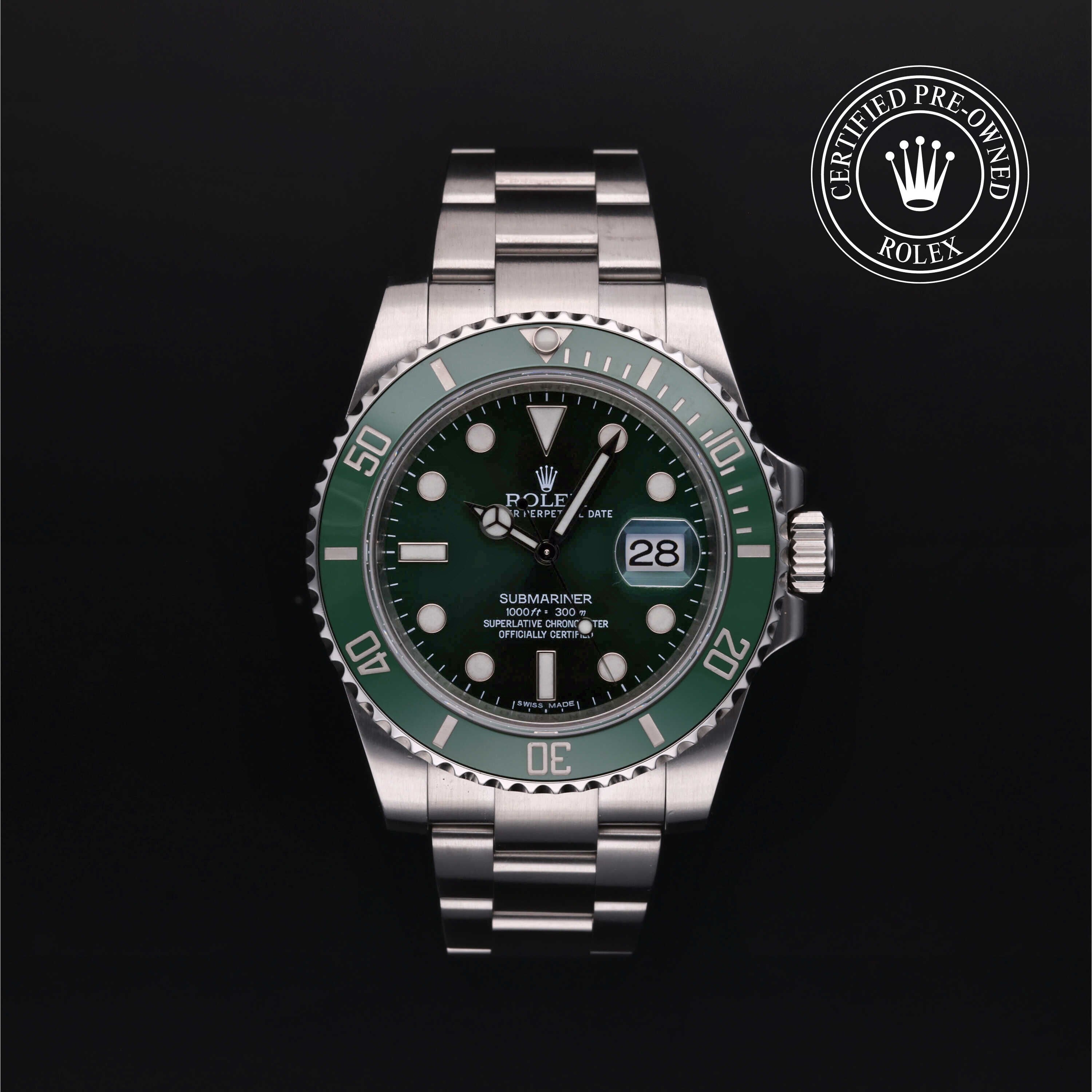 Rolex Certified Pre-owned Submariner M116610LV-0002 front on black background
