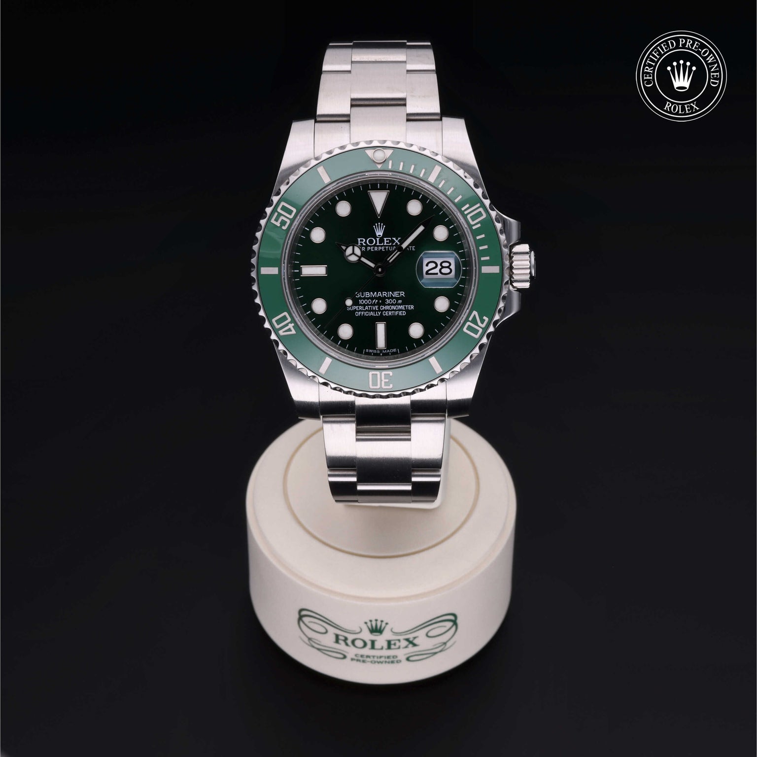 Rolex Certified Pre-owned Submariner M116610LV-0002 front on black background