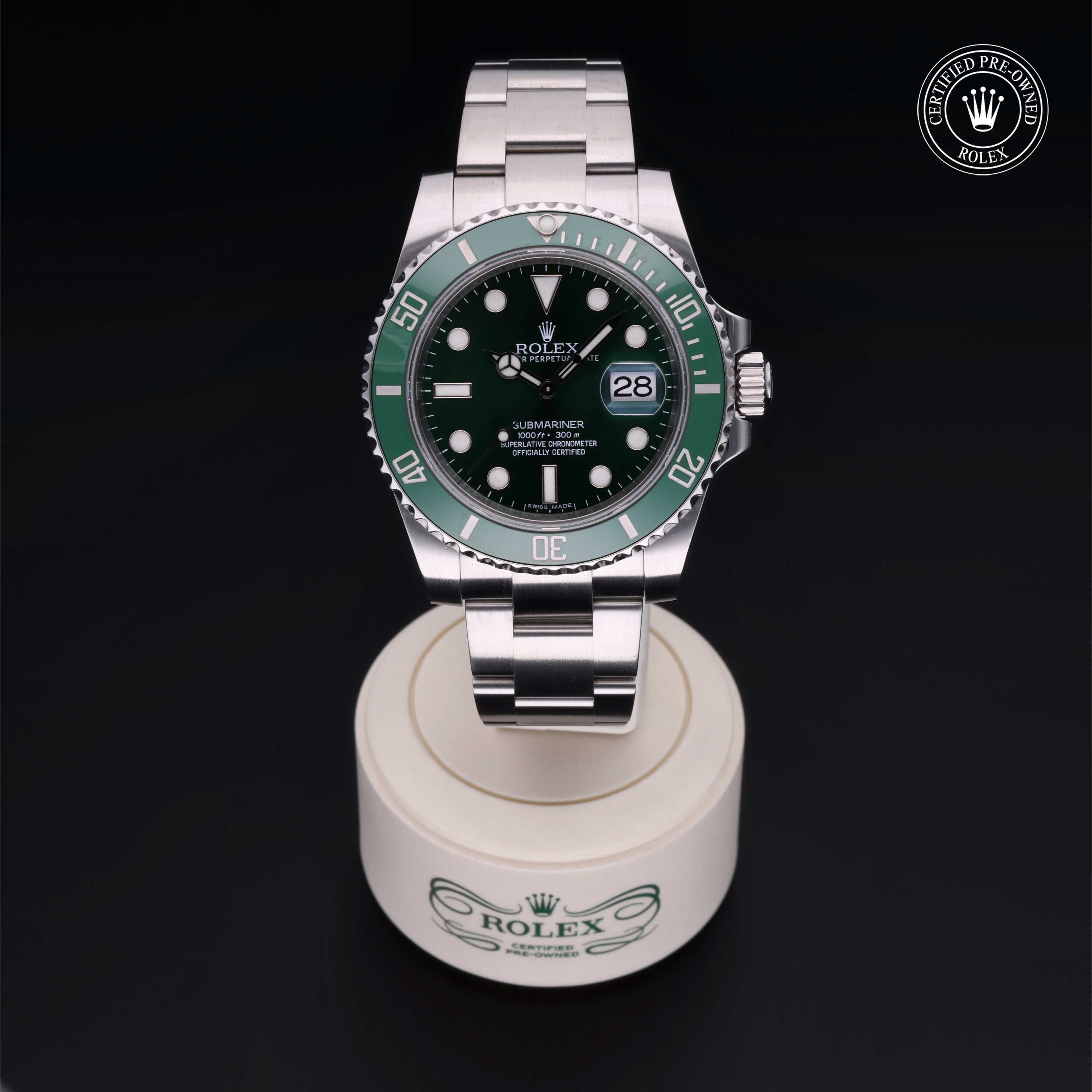 Rolex Certified Pre-owned Submariner M116610LV-0002 front on black background