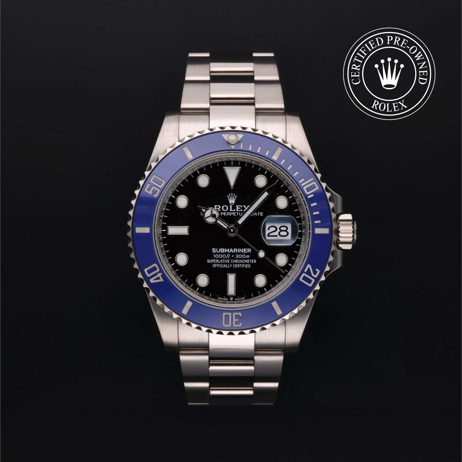 Rolex Certified Pre-owned Submariner M126619LB-0003 front on black background