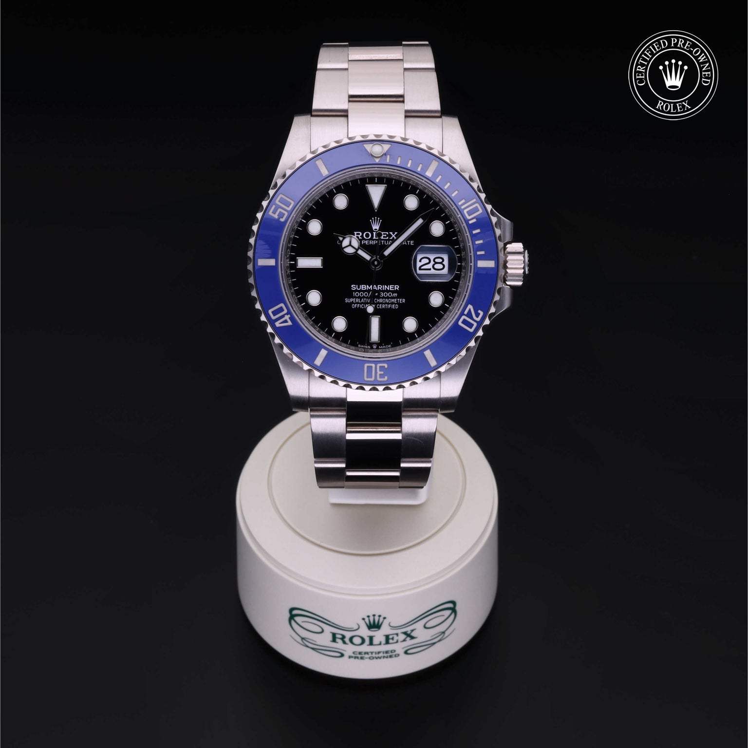 Rolex Certified Pre-owned Submariner M126619LB-0003 front on black background