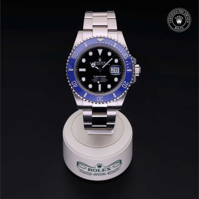 Rolex Certified Pre-owned Submariner M126619LB-0003 front on black background