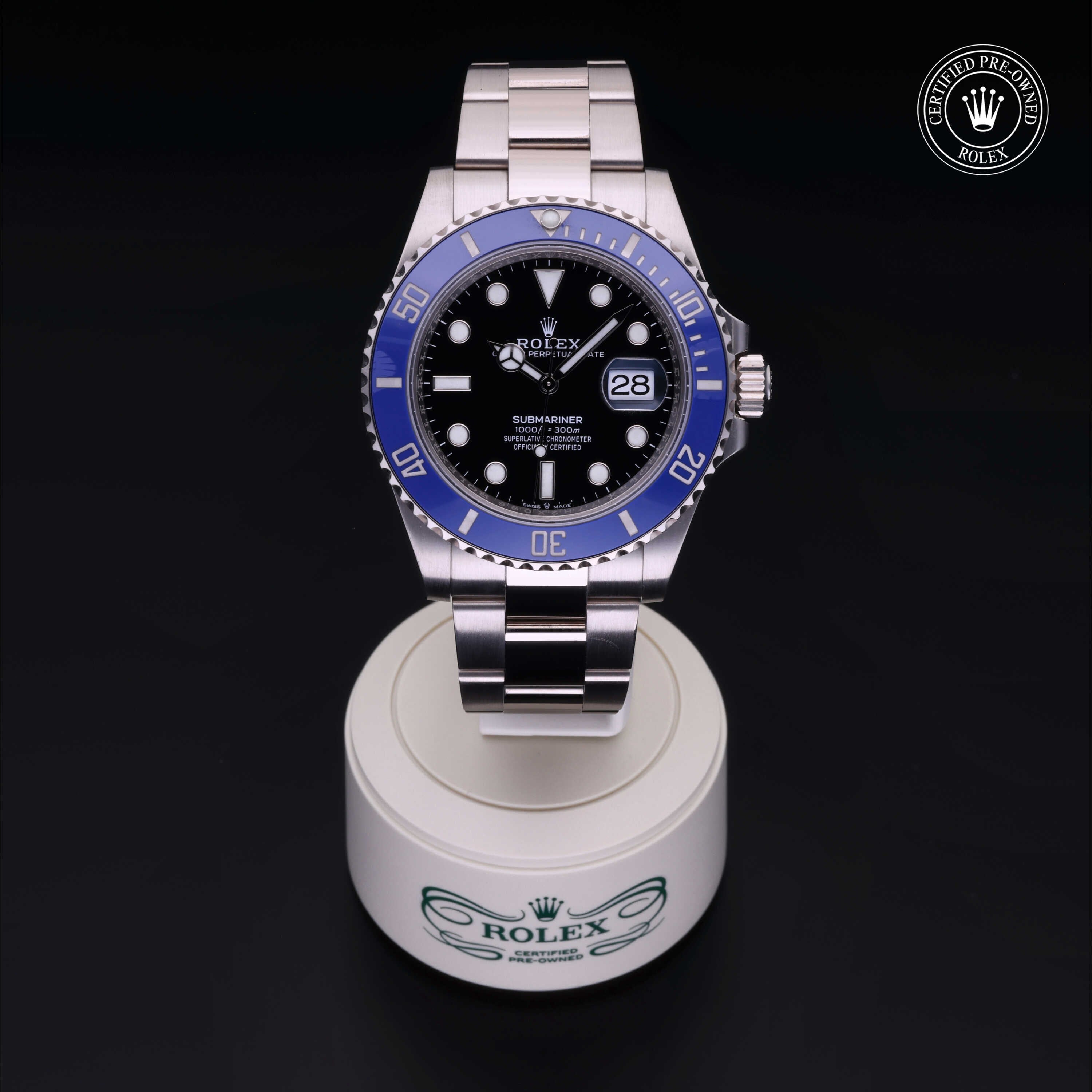 Rolex Certified Pre-owned Submariner M126619LB-0003 front on black background
