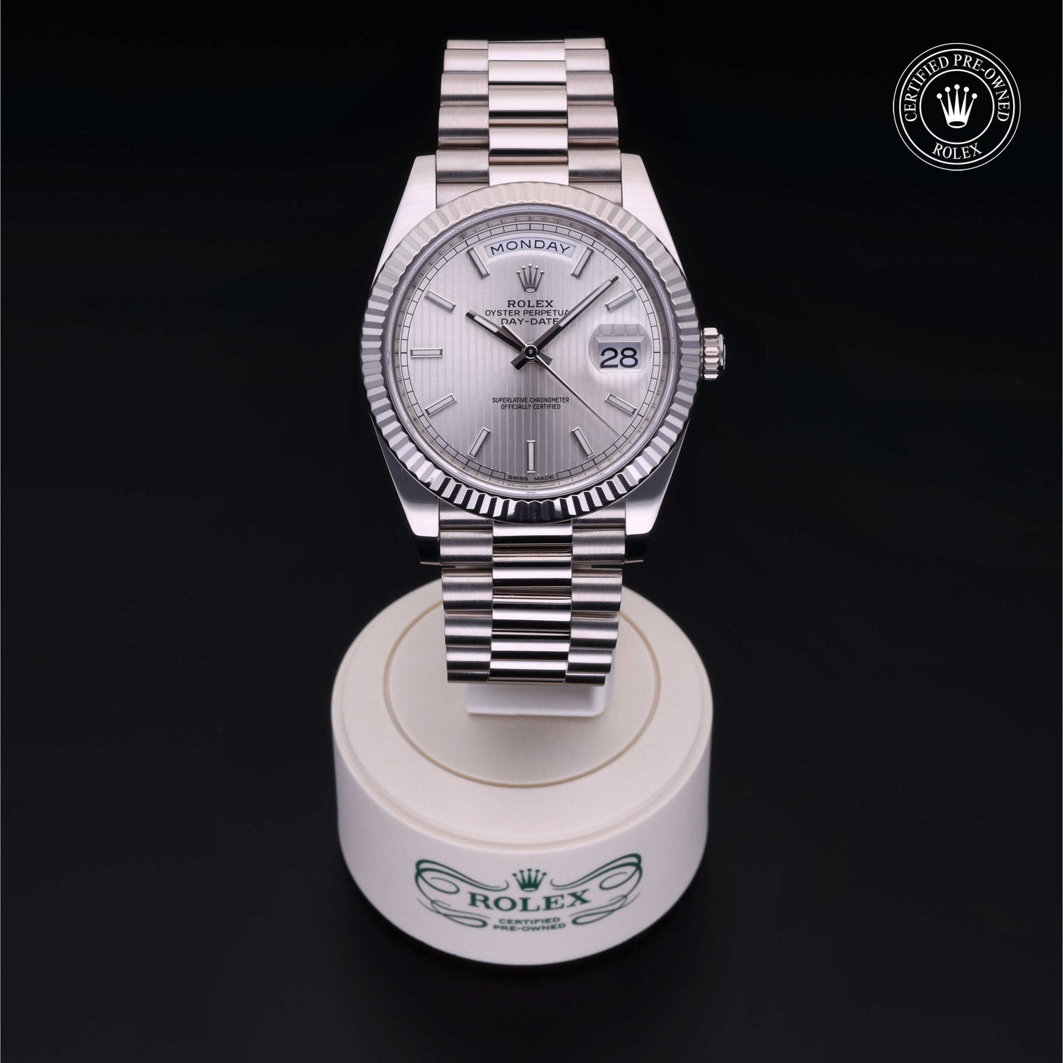 Rolex Certified Pre-owned Day-date M228239-0001 front on black background