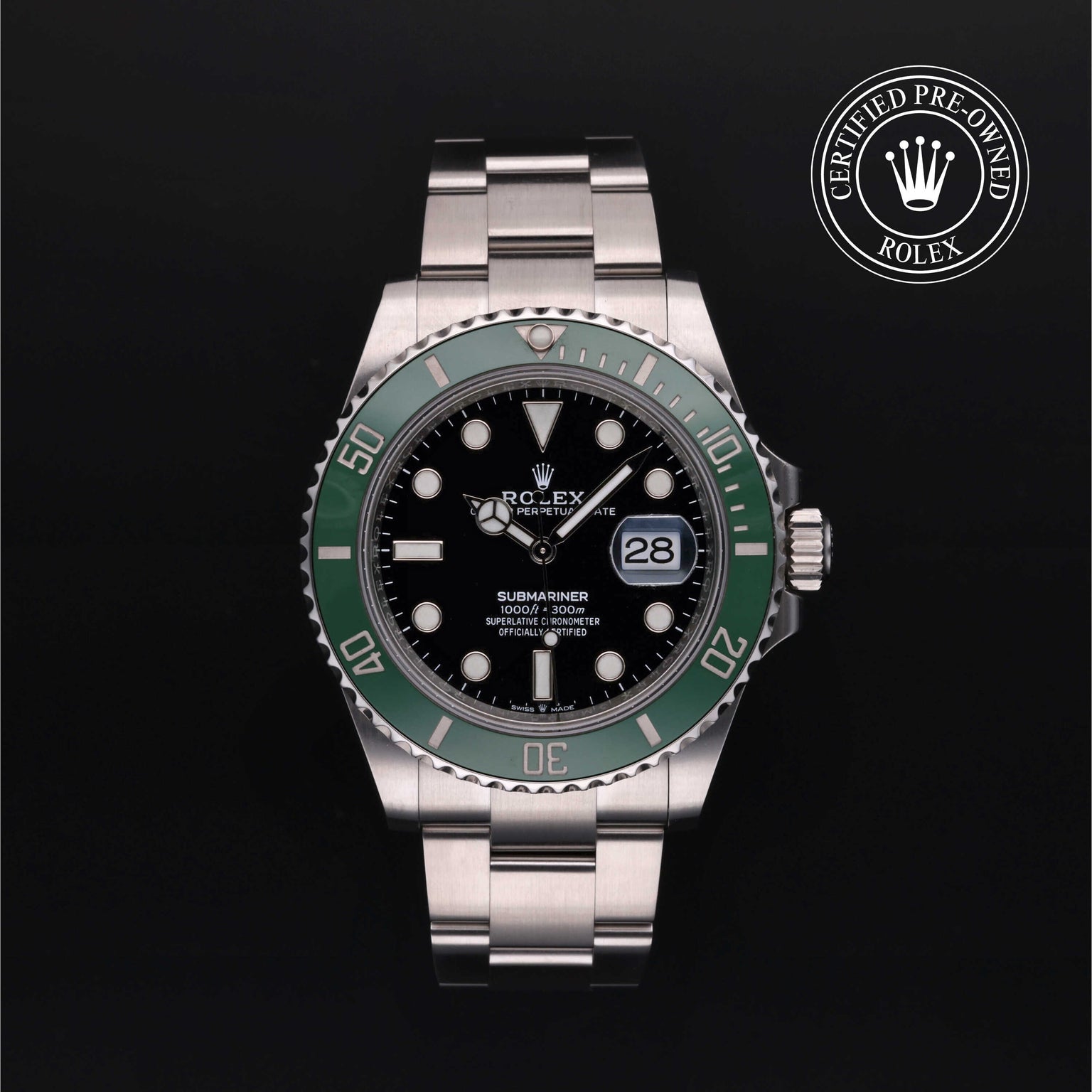 Rolex Certified Pre-owned Submariner M126610LV-0002 front on black background