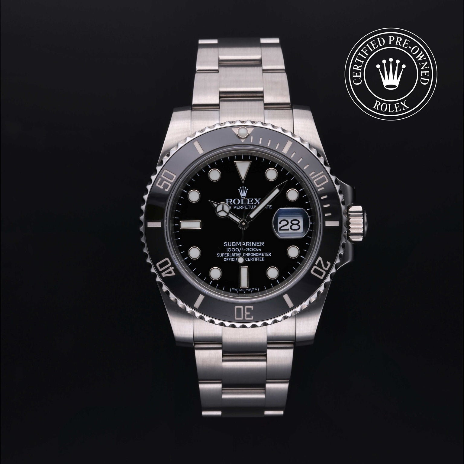 Rolex Certified Pre-owned Submariner M116610LN-0001 front on black background