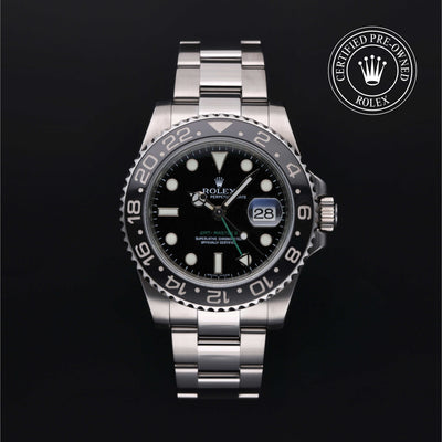 Rolex Certified Pre-owned GMT M116710LN-0001 front on black background