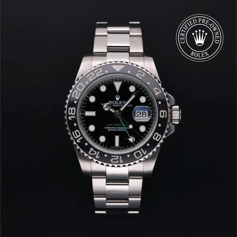 Rolex Certified Pre-owned GMT M116710LN-0001 front on black background