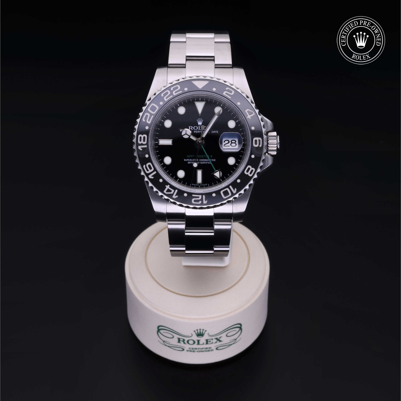 Rolex Certified Pre-owned GMT M116710LN-0001 front on black background