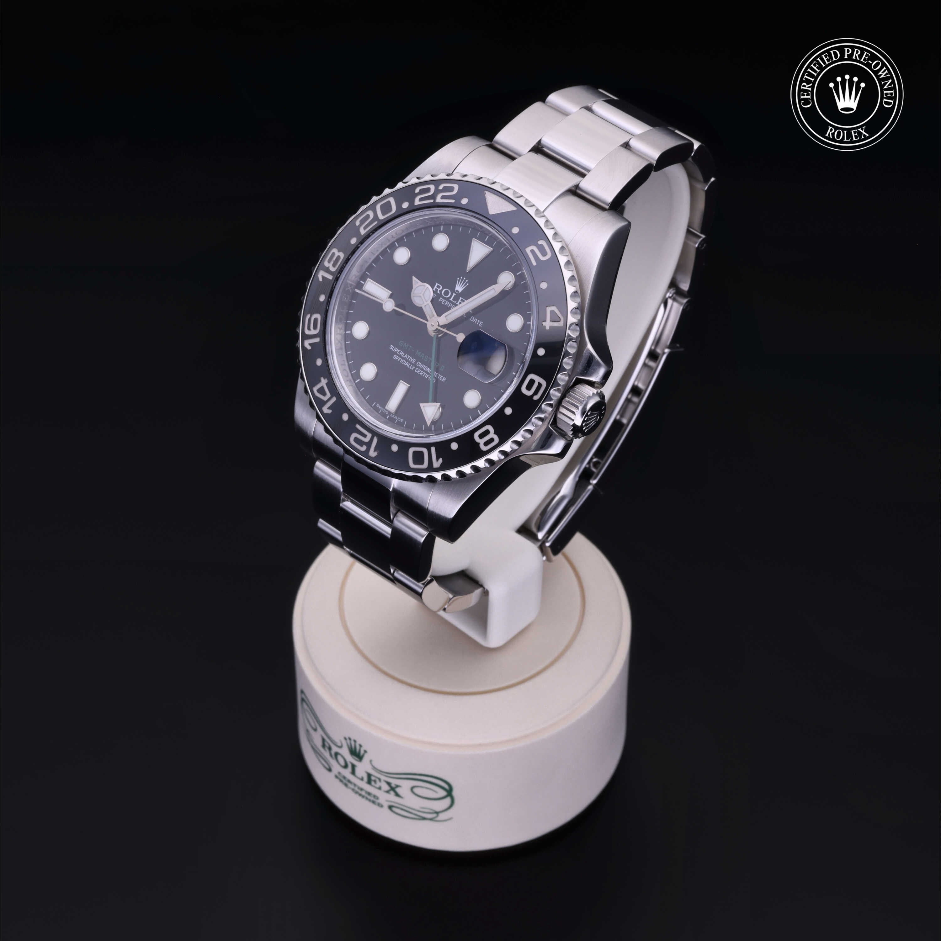Rolex Certified Pre-owned GMT M116710LN-0001 front on black background