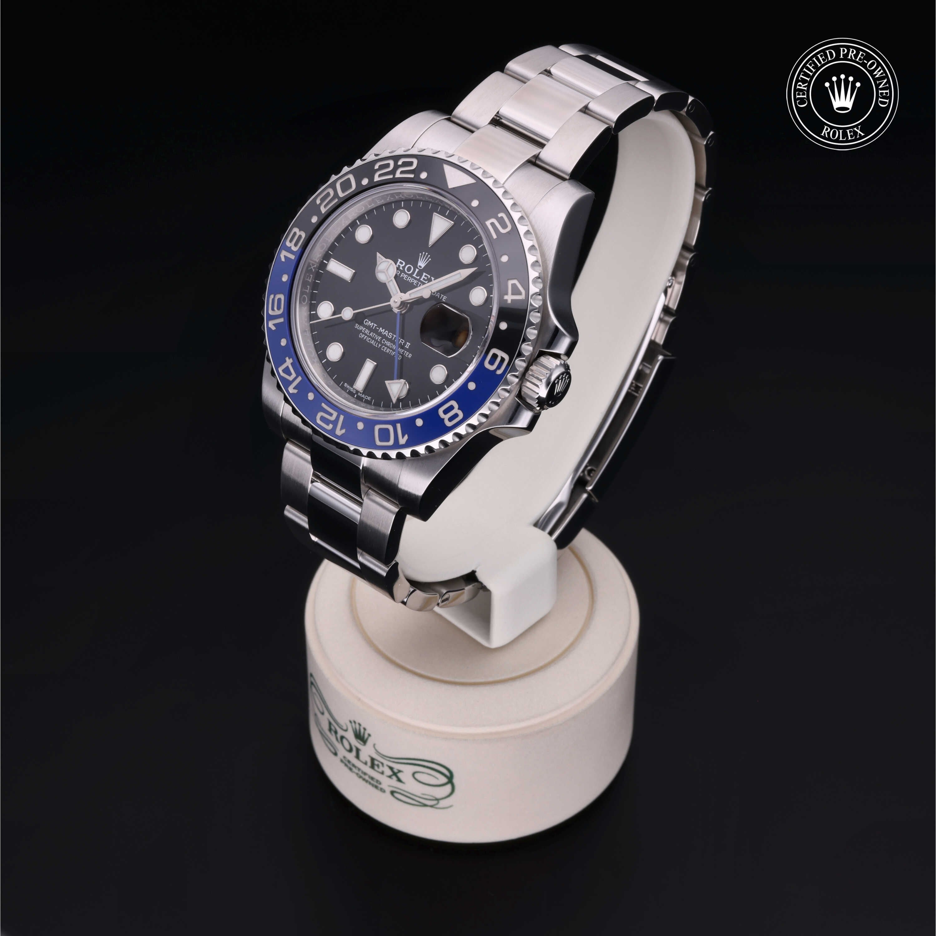 Rolex Certified Pre-owned GMT II M116710BLNR-0002 front on black background