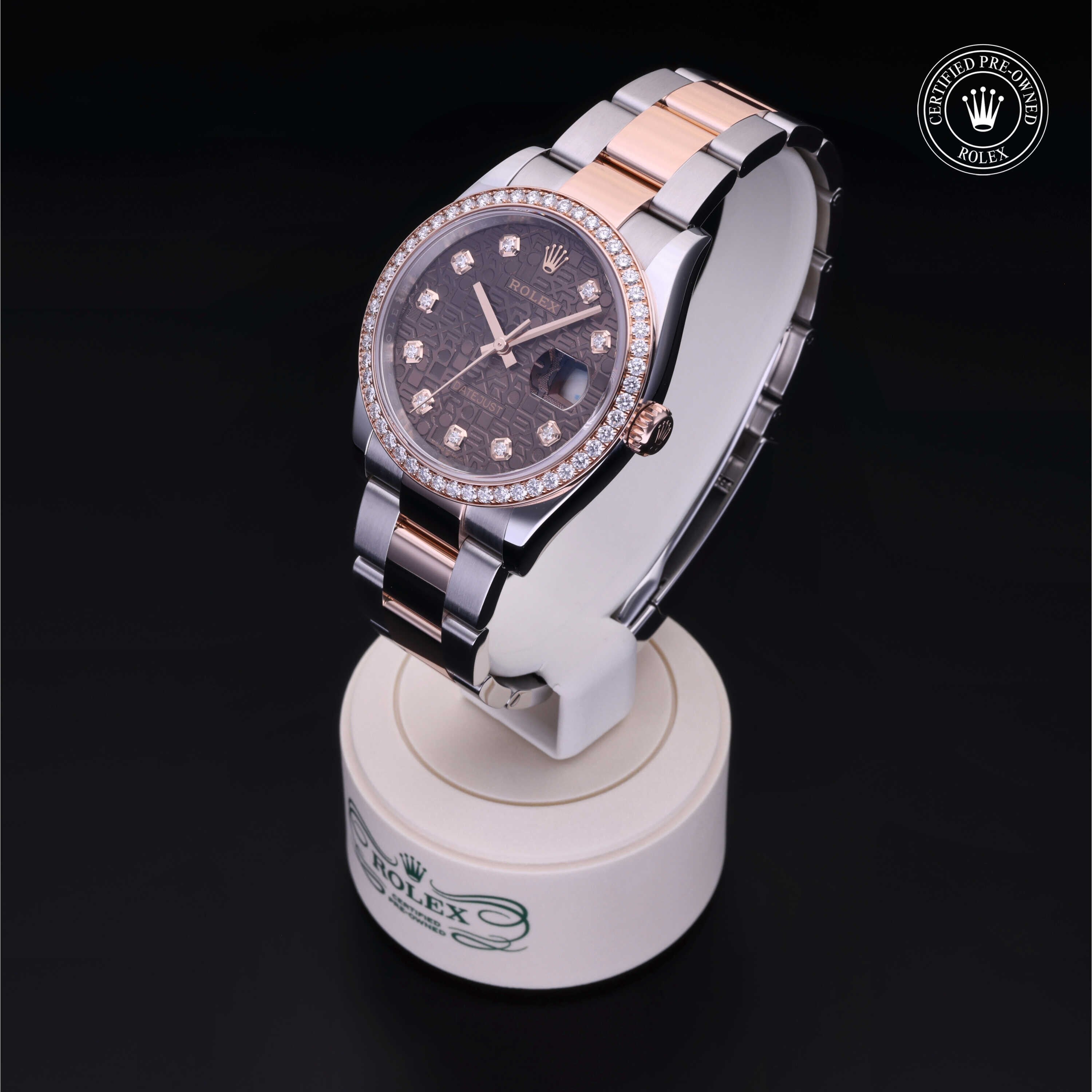 Rolex Certified Pre-owned Datejust M126281RBR-0014 front on black background