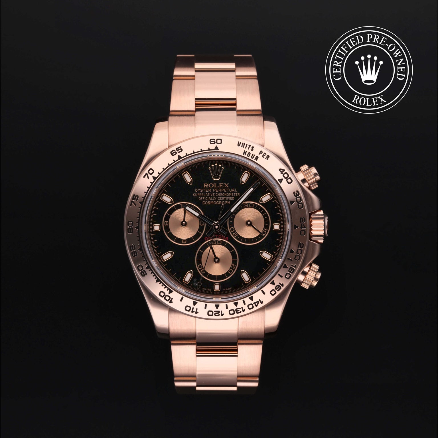 Rolex Certified Pre-owned Daytona M116505-0002 front on black background