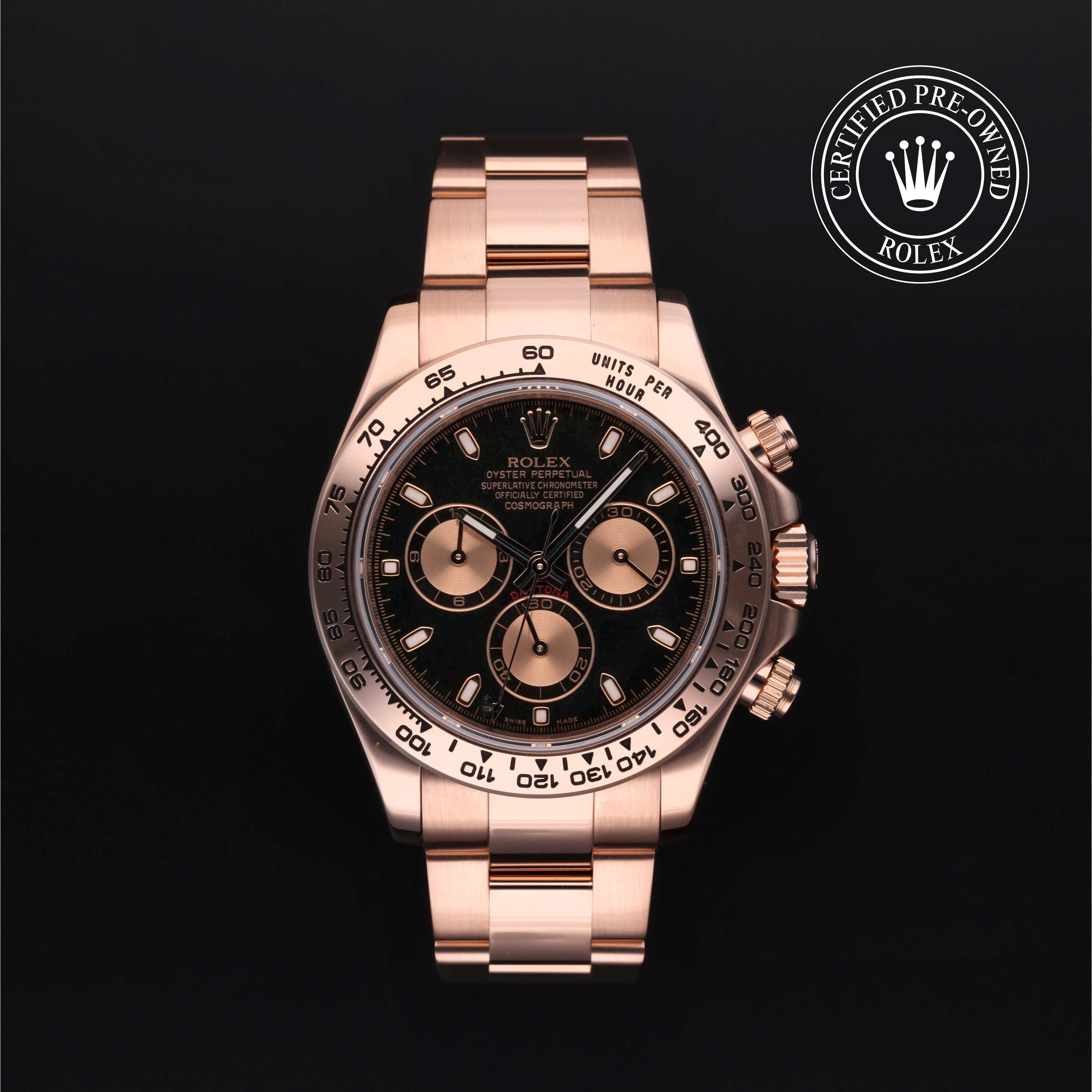 Rolex Certified Pre-owned Daytona M116505-0002 front on black background