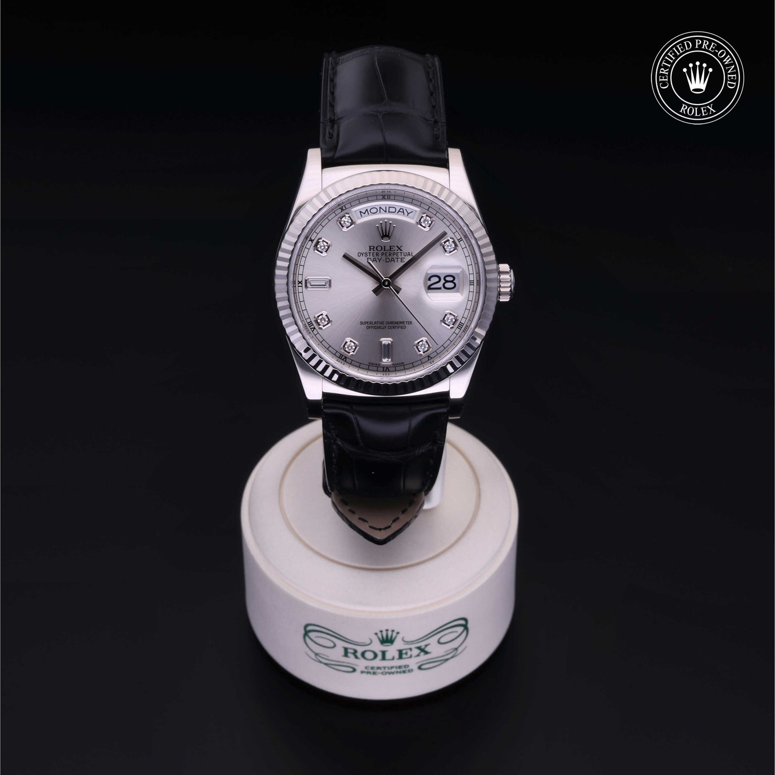 Rolex Certified Pre-owned Day-date M118139-0056 front on black background